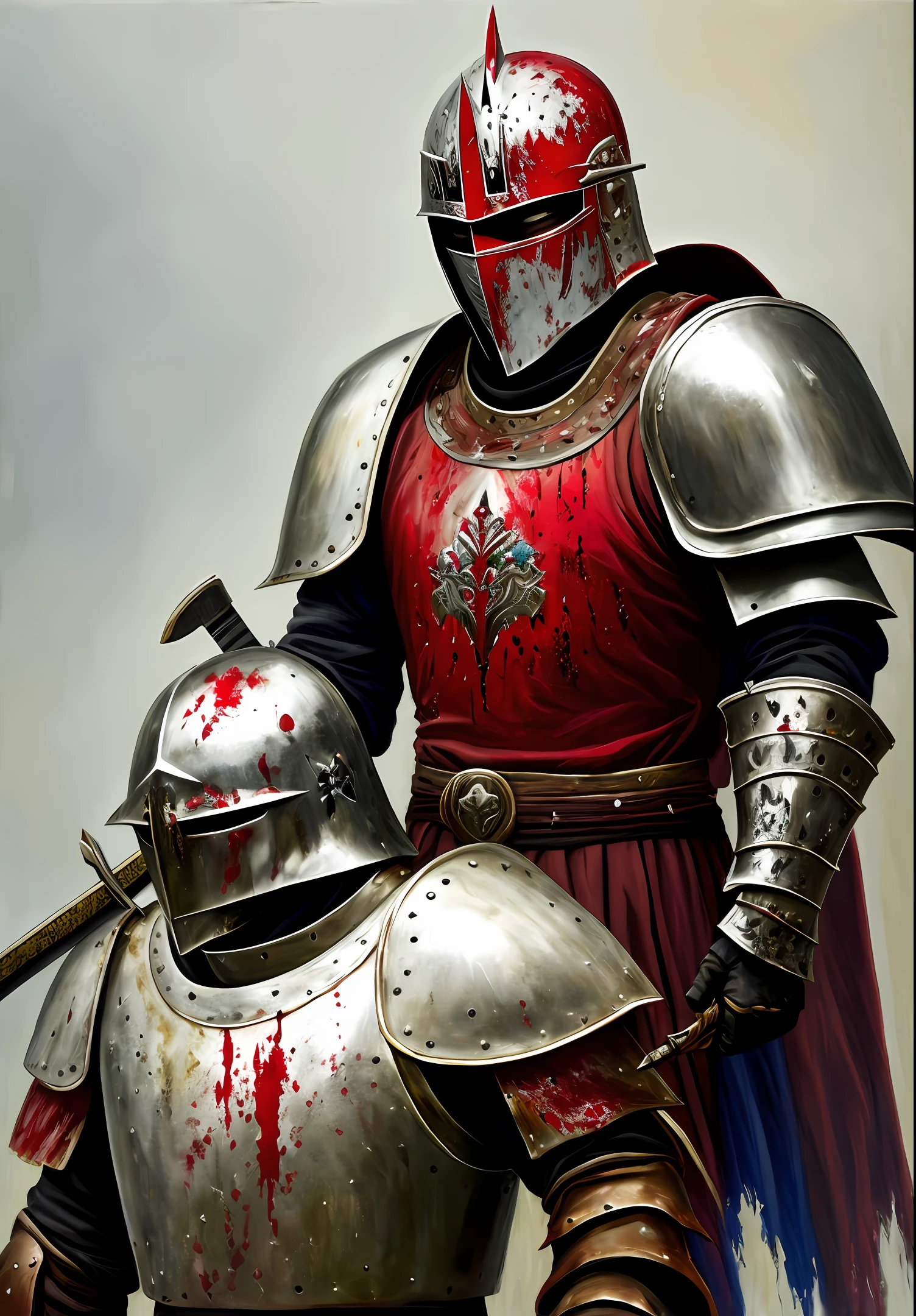 (Oil painting) Warrior in armor and silver mask with blood-stained sword on a battlefield