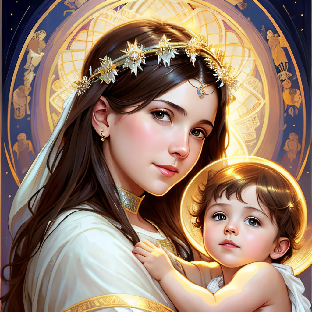 masterpiece, woman and , holy virgin mary with littlin her arms, ((halo over head)), smiling, heavenly sky, half body, ((divine light)), ethereal, clouds, back lighting, realistic portrait, symmetrical, strong, intricate drawing, highly detailed, digital painting, art station, concept art, fluid, sharp focus, illustration, against heaven's gate, cinematic lighting, works by artgerm and greg rutkowski and alphonse mucha