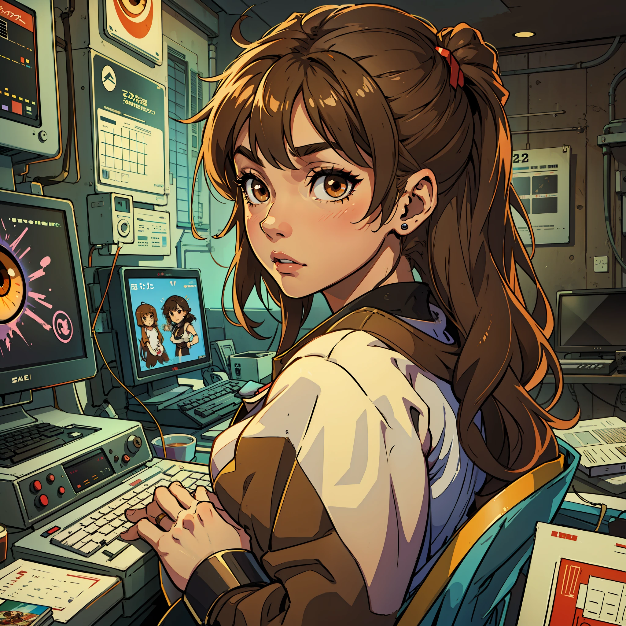 Masterpiece girl playing video gamer hair andulated grid brown eye brown anime style --auto --s2