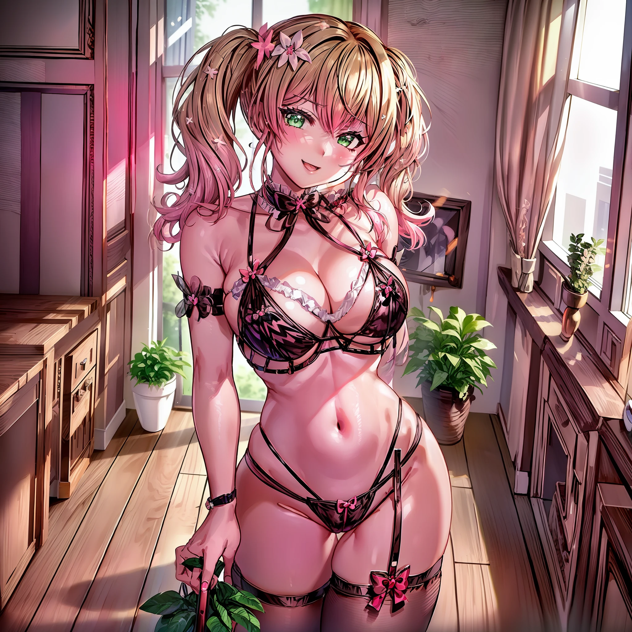 2d, masterpiece, best quality, anime, highly detailed face, highly detailed eyes, highly detailed background, perfect lighting, full body, 1 girl, solo, baby_casual, twintails, smile, bedroom, solo,1 girl,masterpiece,ultra-realistic,4K,HD,excellent quality,great reflections and contrast,pink multi strap bra and panties,open bowtie panties,crotchless lingerie,black fishnet panties,beautiful smiling woman with Open_Lingerie , standing, realistic, front view, model shoot, visible, bimbo, bright, rear view, bedroom background