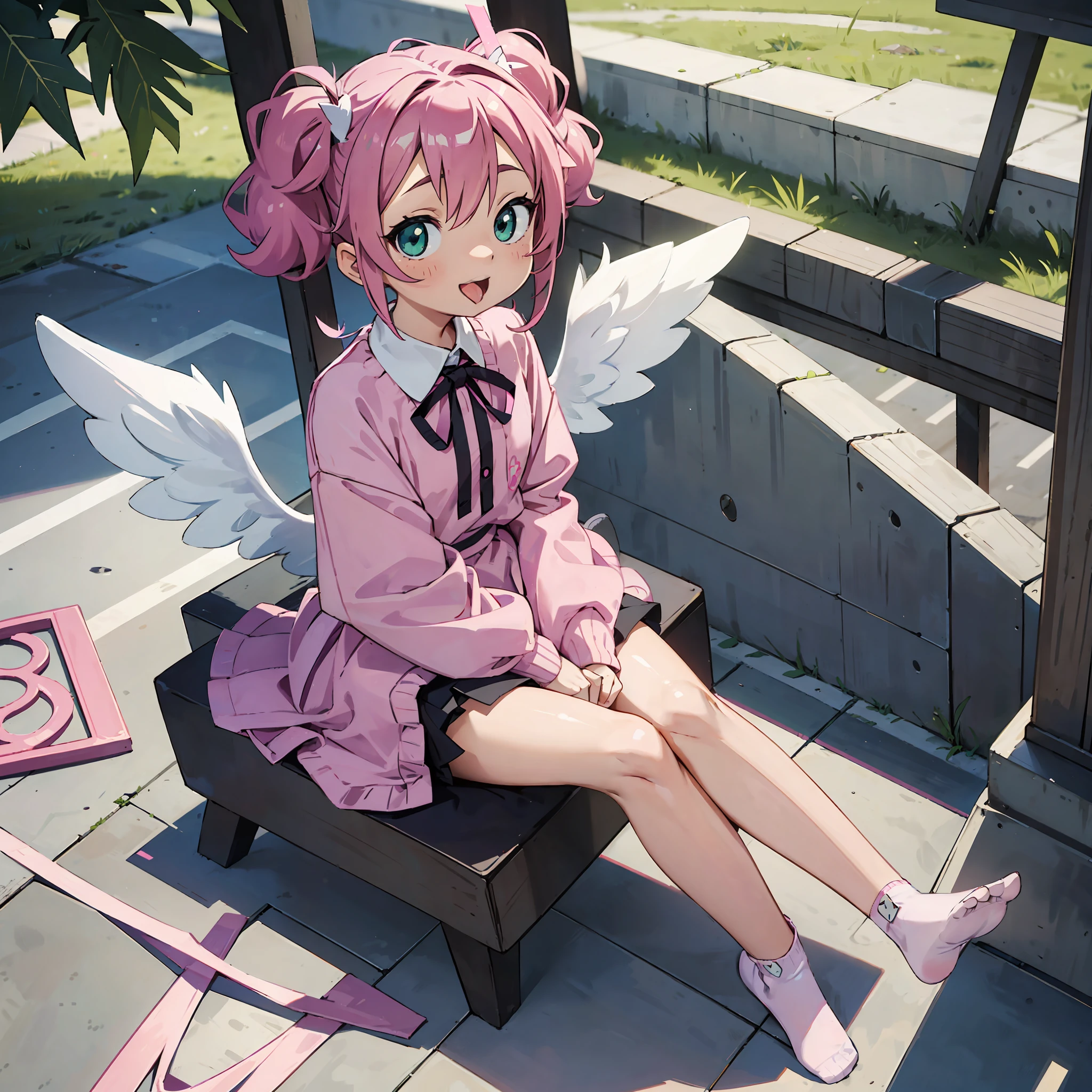 Artistic Lines, Cute Young Anime Girl, Wearing Pink Opaque Nylon Sweater, With Short Silk Puffy Skirt. Sitting With Legs Crossed, (opaque) Glossy Shiny Pantyhose on ((full legs)), Playful Relaxed Green Eyes, Happy Open Mouth, tongue out. Pale Supple Skin. One Hand Caressing Leg. Tongue Out. Curly Twin Tails Hair, Magenta Ribbon On Oneside Of Head. Cat Ears And Tail. Angel Wings. Full-Body View. Playful eyes, looking at viewer. ((No shoes))
