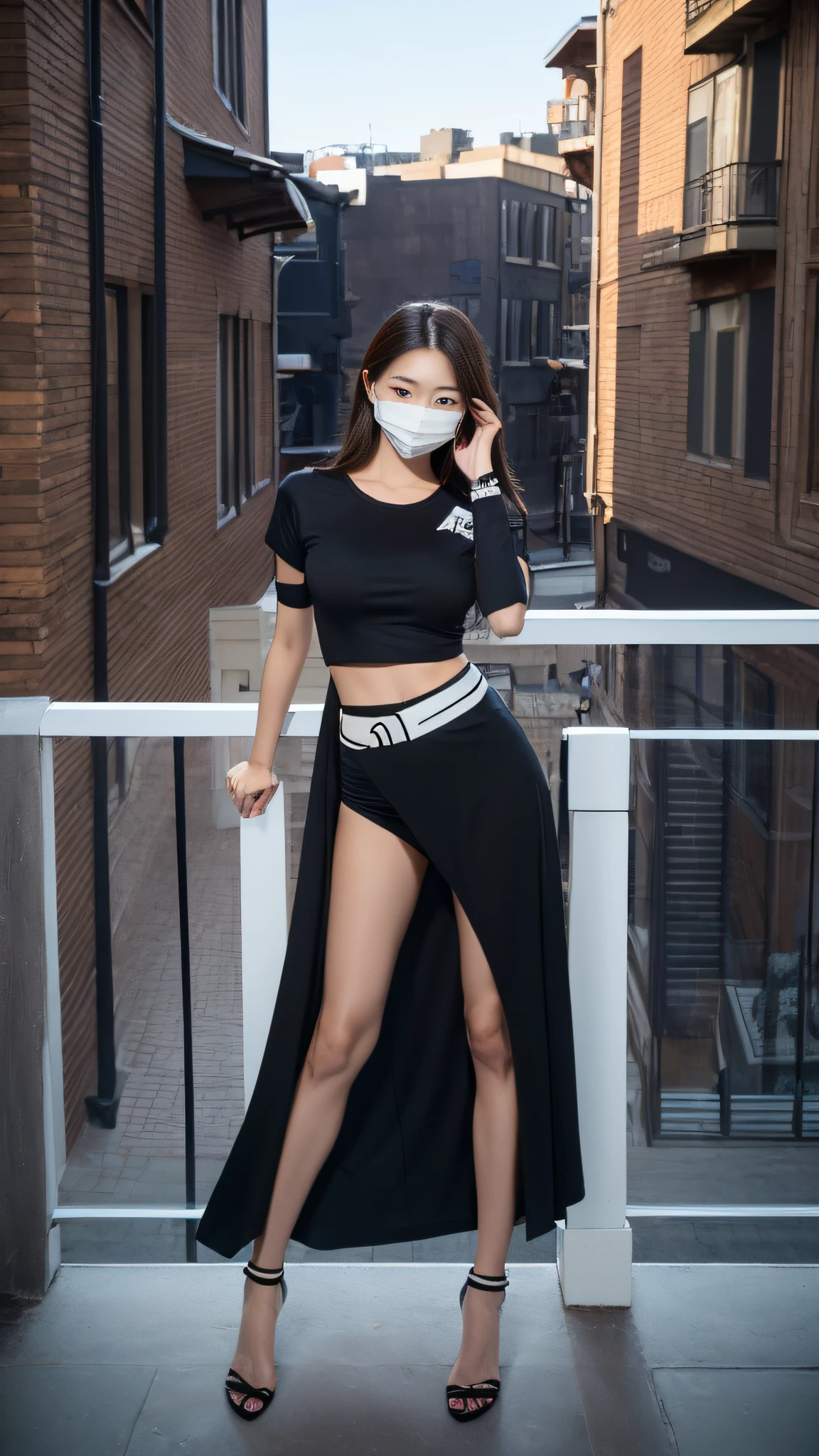 ((Midnight, Acura, 8K, Masterpiece:1.3)), Full body, slim body, Long legs, Focal length: 1.2, Perfect Body Beauty: 1.4, Slim Abs: 1.1, ((Dark Brown Hair, Big Breasts: 1.2 )), (White Skinny T-shirt, Black Hip Skirt, Standing: 1.2), ((Room, Balcony: 1.3)), Highly detailed face and skin texture, Detailed eyes, Double eyelids, (with black mask)