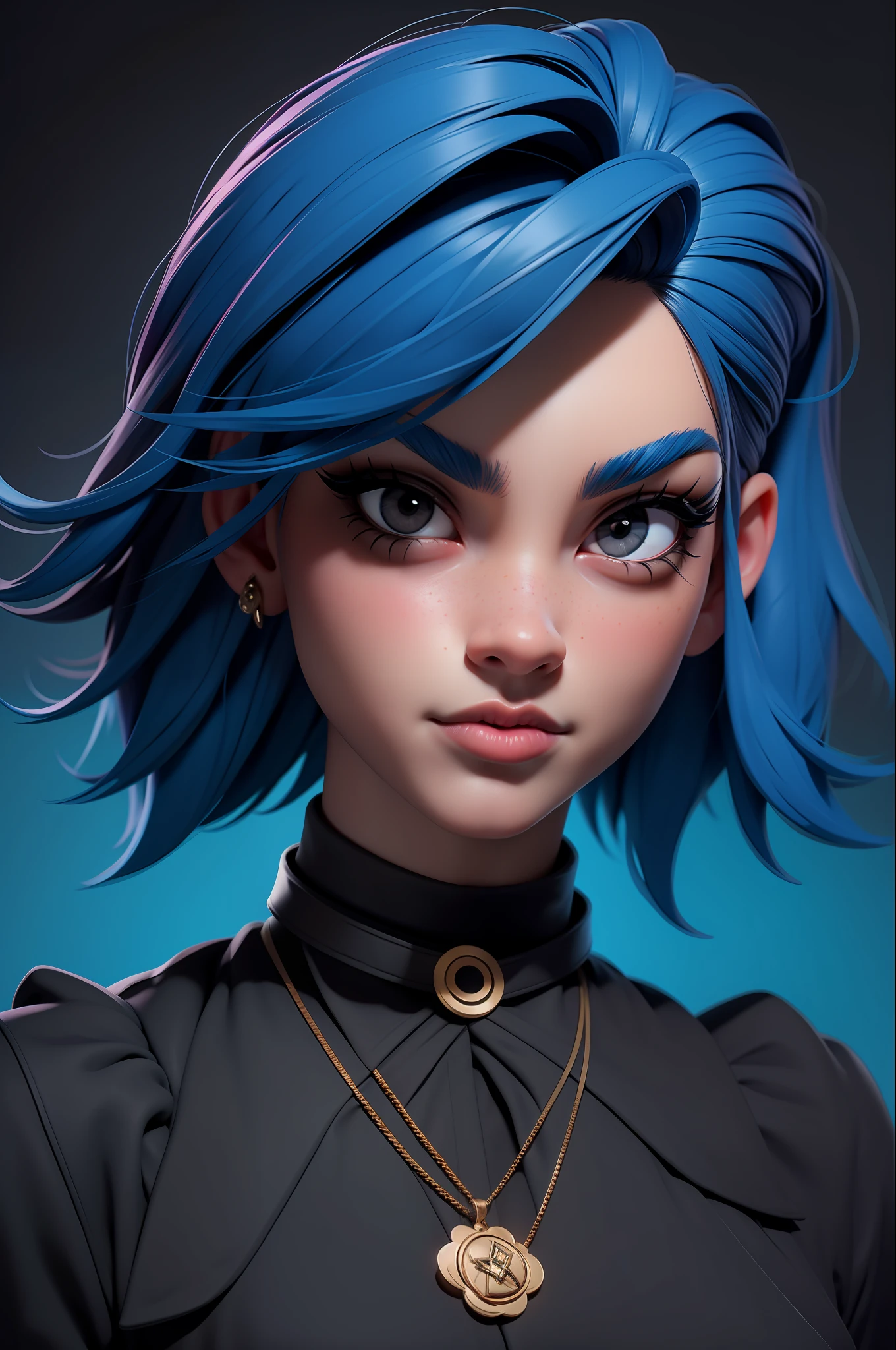 furious dog, masterpiece, best quality, 3d heartbreaking work, 3DMM style, close-up, portrait, 3D, 1girl, solo, multicolored hair, blue hair, black hair, necklace, freckles, jewelry, two-tone hair, looking to the side, realistic, upper body, simple background, bangs, looking away, short hair, lips apart, black eyes, lips, gothic, choker, makeup,  polka dot, black shirt, shirt, watermark