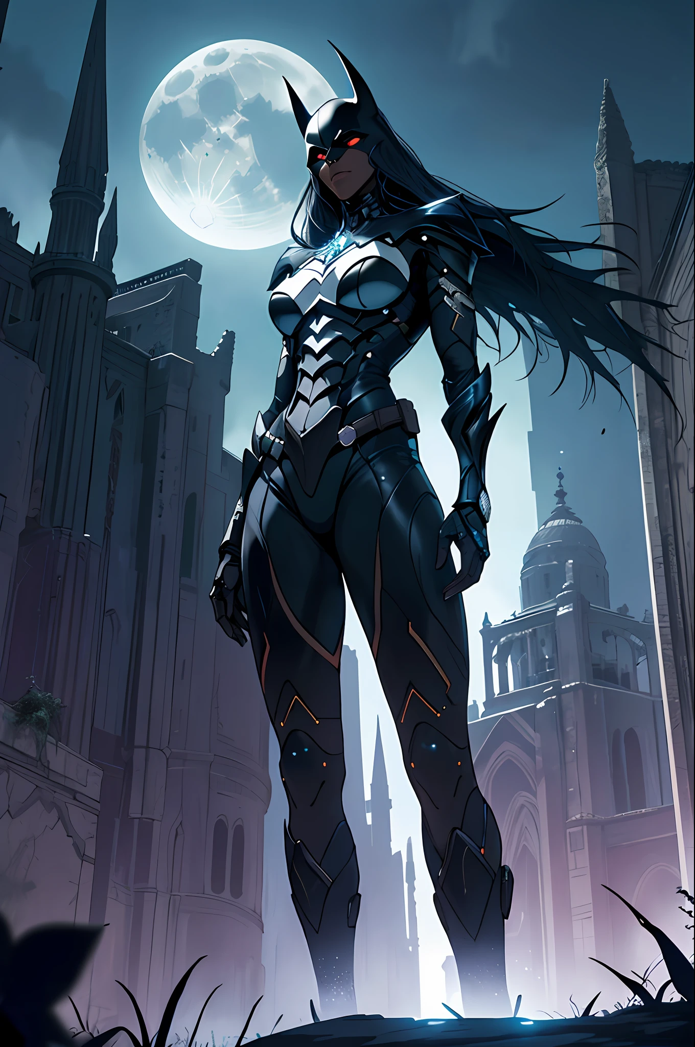 (beautiful African girl), the Dark Knight is imposing in a lost Gothic city. Moonlight highlights her slender body of large breasts, The scenery is lush and mysterious, with futuristic technology and surroundings. The camera details everything, a warrior woman, in front of him.