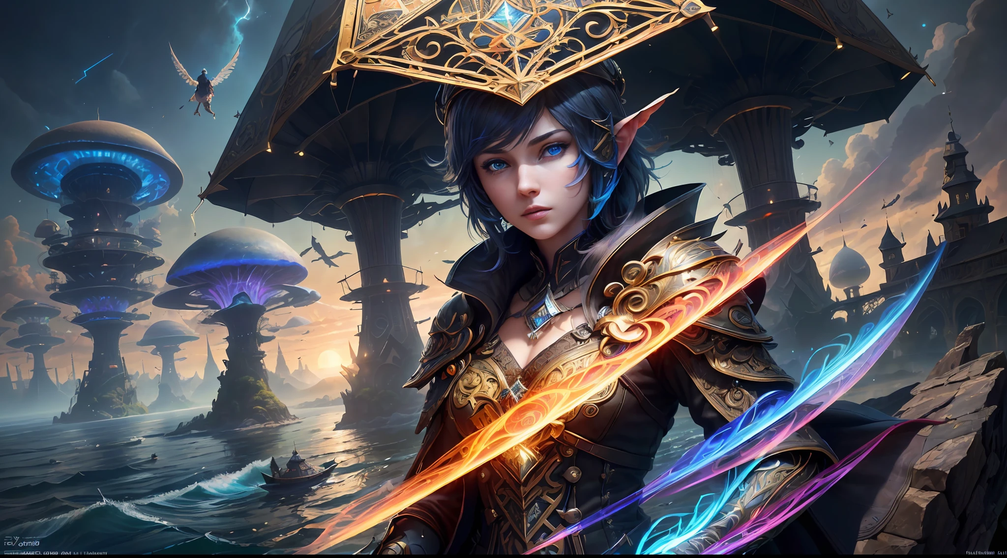 (((Multiplayer, Vivid Eyes, Men))), Best Quality, Realistic, Realistic, Award-Winning Illustrations, (Intricate Details: 1.2), (Fine Details), (Intricate Details), (Cinematic Light, Best Quality Backlight), Clear Lines, Sharp Focus, Official Art, Unity 8k Wallpapers, Ridiculous, Incredibly Absurd, Fantasy Art, (((Full Body Portrait)), RTX, ((Award-winning Triangle Studio Close-up Photo)), 1 Boy, (Shut Up) ,best quality, 4K, beautiful mysterious creatures, female, flying, surrealism, masterpiece of NCWINTERS, in mysterious country town, masterpiece, intricate details, ff14style, urban painting, bridge, river, giant mushroom, landscape, bright colors,