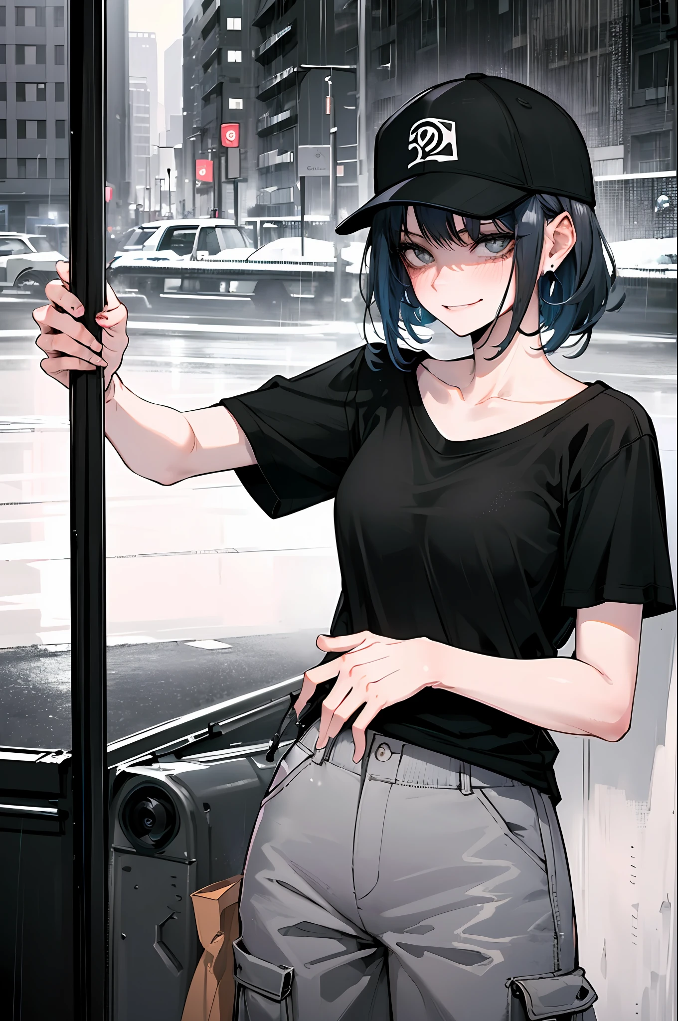 ultra resolution,
(photorealistic:1.3),
(1 slim girl), stylish girl, fashion,
young face, blush, (evil smile),
(slim) thigh,
baseball cap, earrings,
(black T-shirt), (baggy cargo pants),
gravure,
rainy city street