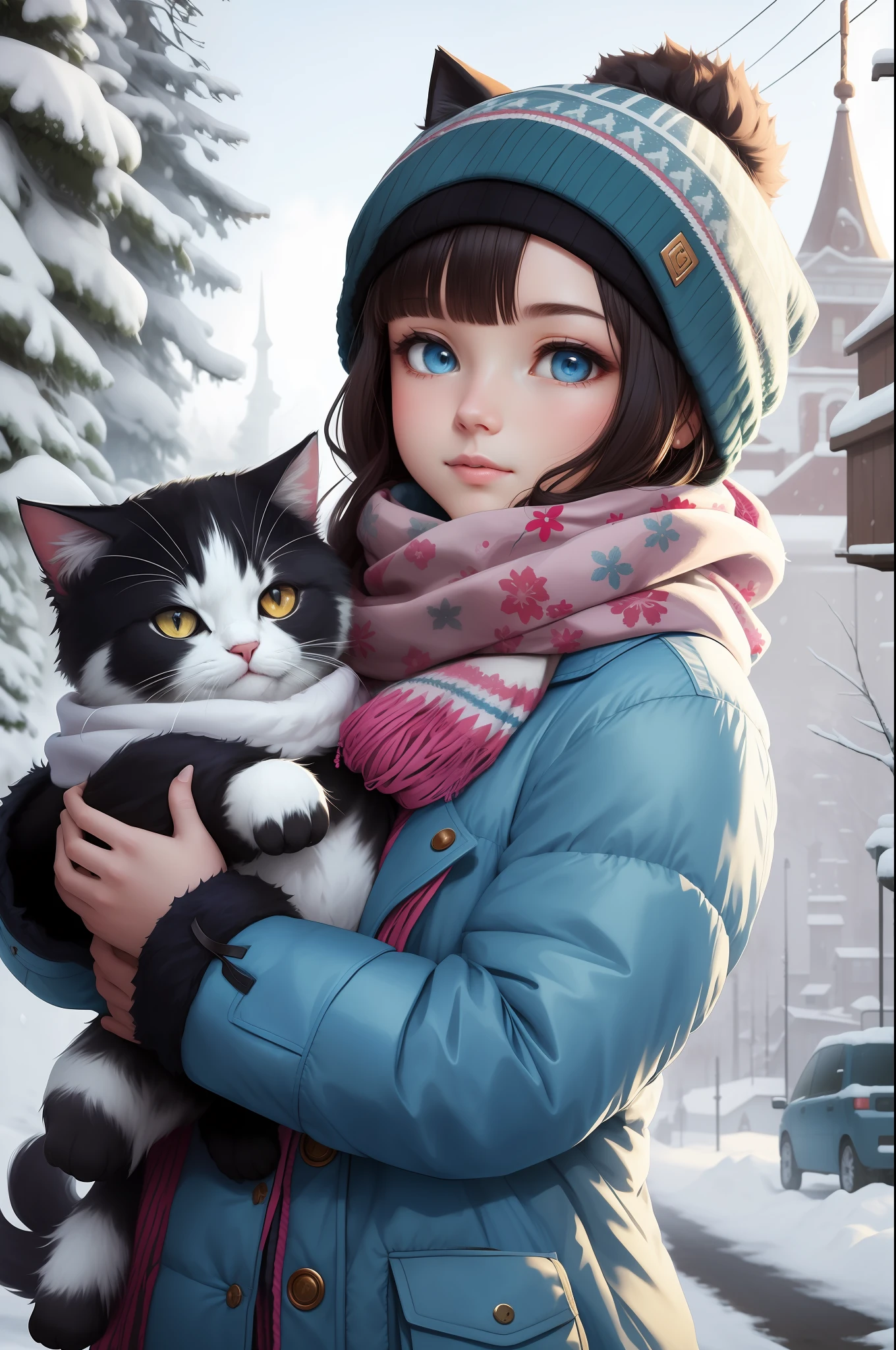 Style-NebMagic, Portrait of a fluffy, round baby cat with a scarf made of Style-SylvaMagic in the snow, by Ismail Inceoglu, Gazelli, James Jean, Anton Fadeev and Yoshitaka Amano, insanely detailed, 8k resolution, digital art, trends in season of arts, vibrant colors, chibi style, a masterpiece, adorable and friendly