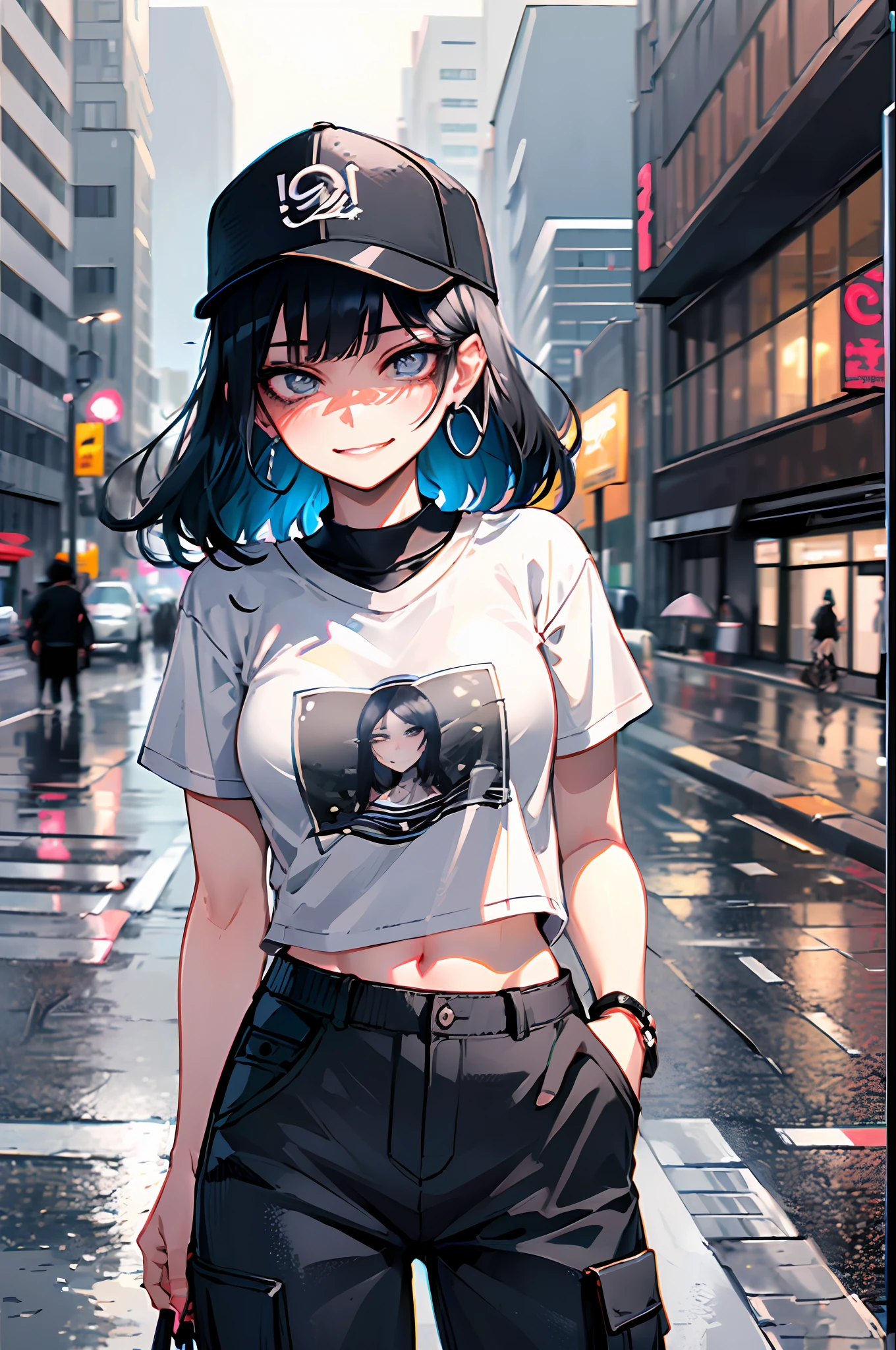 ultra resolution,
(photorealistic:1.3),
(1 slim girl), stylish girl, fashion,
young face, blush, (evil smile),
(slim) thigh,
baseball cap, earrings,
(black T-shirt), (baggy cargo pants),
gravure,
rainy city street