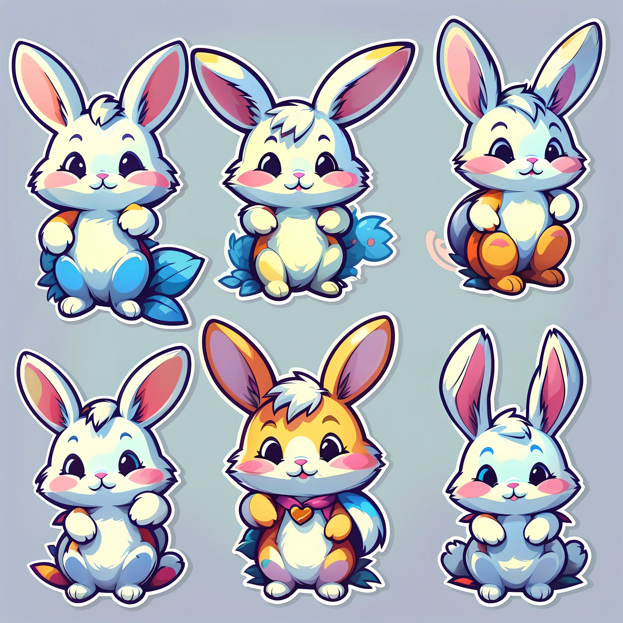 sticker, rabbit in different poses, chibi style, white background, full body, vibrant colors, aligned side by side, big eyes with brightness, sticker illustration, cute rabbit, perfect rabbit, sticker illustrations, sticker design vector art, rabbit, vector sticker, bottomless image, sticker design, matrix cut sticker, sticker concept design