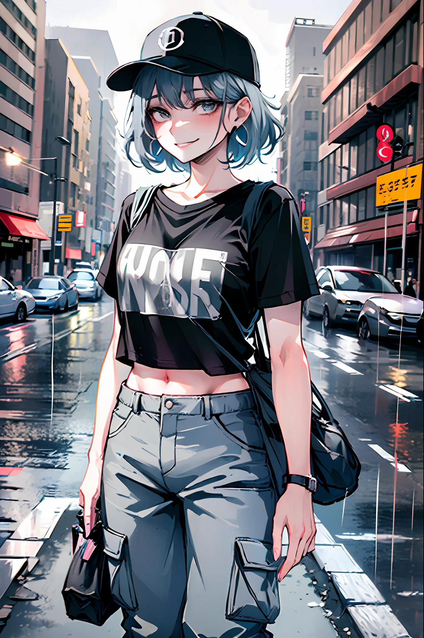 ultra resolution,
(photorealistic:1.3),
(1 slim girl), stylish girl, fashion,
young face, blush, (evil smile),
(slim) thigh,
baseball cap, earrings,
(black T-shirt), (baggy cargo pants),
gravure,
rainy city street