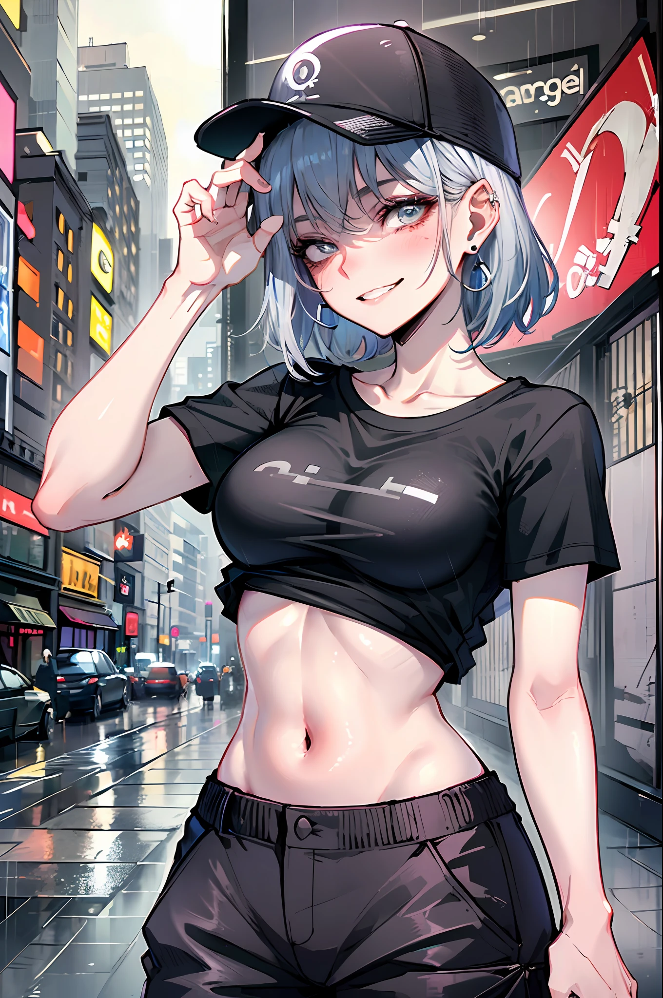 ultra resolution,
(photorealistic:1.3),
(1 slim girl), stylish girl, fashion,
young face, blush, (evil smile),
(slim) thigh,
baseball cap, earrings,
(black T-shirt), (baggy cargo pants),
gravure,
rainy city street