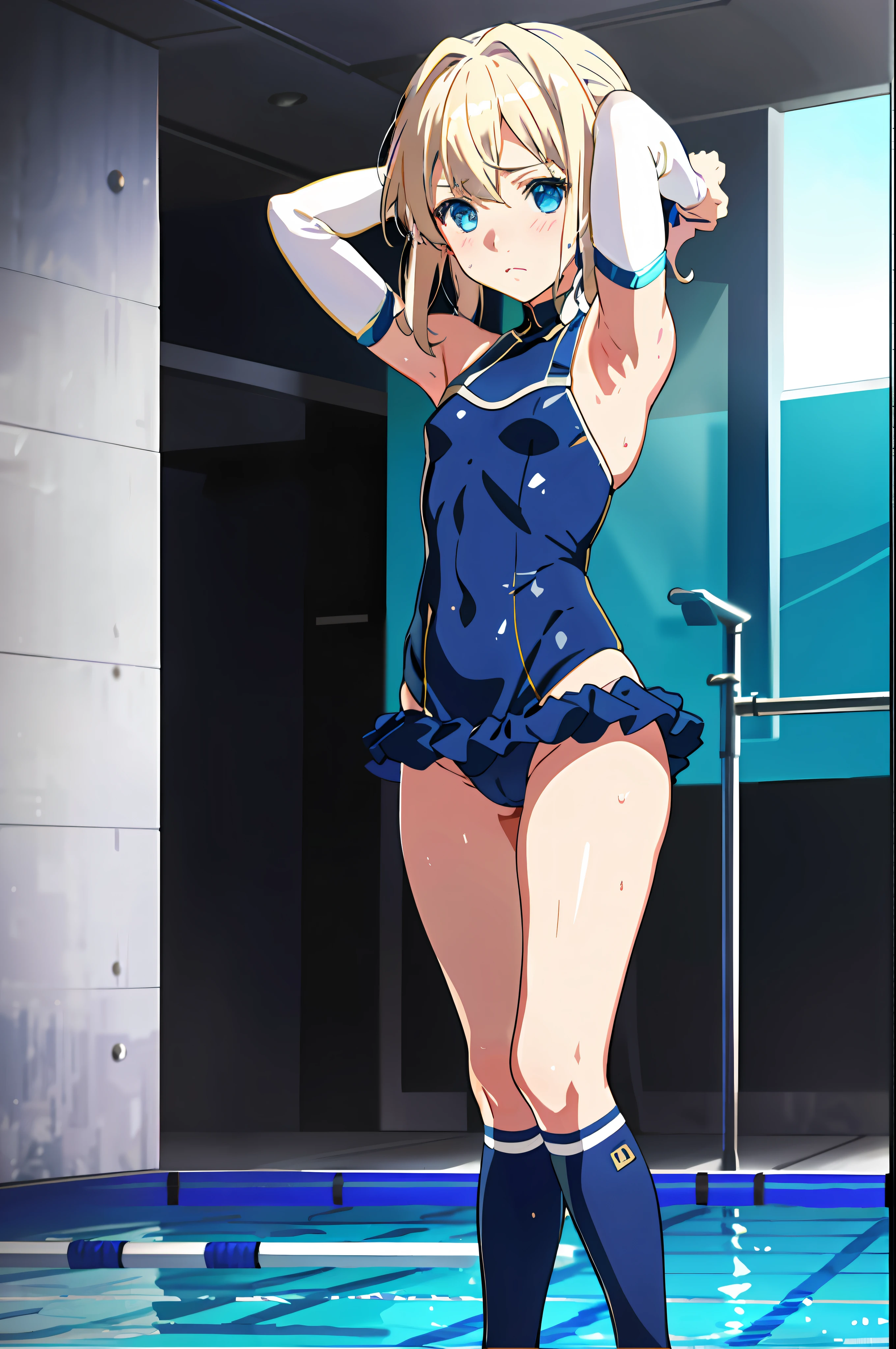 Violet evergarden, elbow gloves, blue eyes, blonde,( loli, small girl) , swimsuit ,cameltoe,bathroom,embarrassed, crouching, spread legs, red ribbon, armpits, sweating, sweat, from below, blurry background, near pool