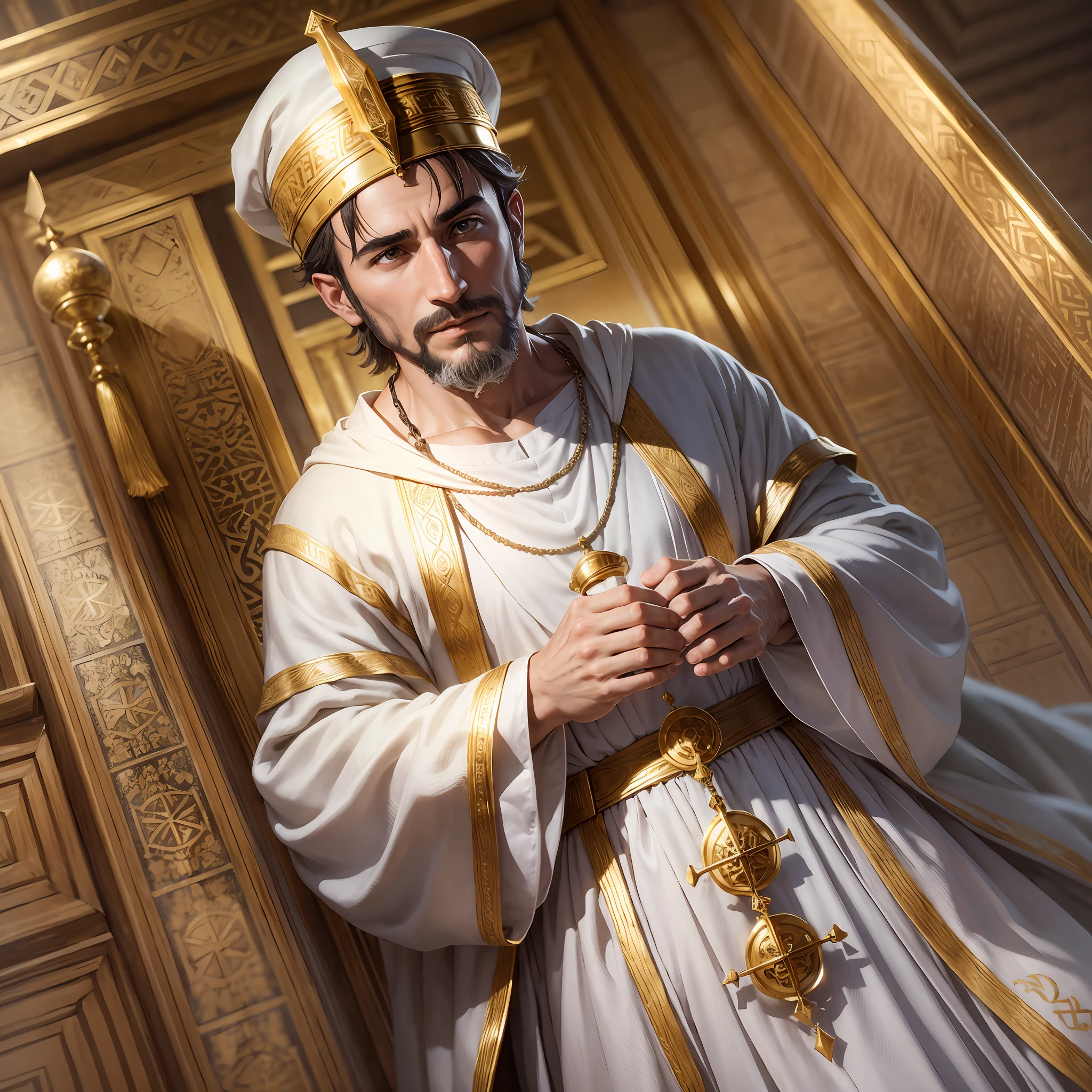 Man goatee short hair, Jewish appearance, white robes tunic, 4k realistic censer image in Hand, front ark of the Covenant of Hebrews room walls gold color, mitre on his head --auto --s2