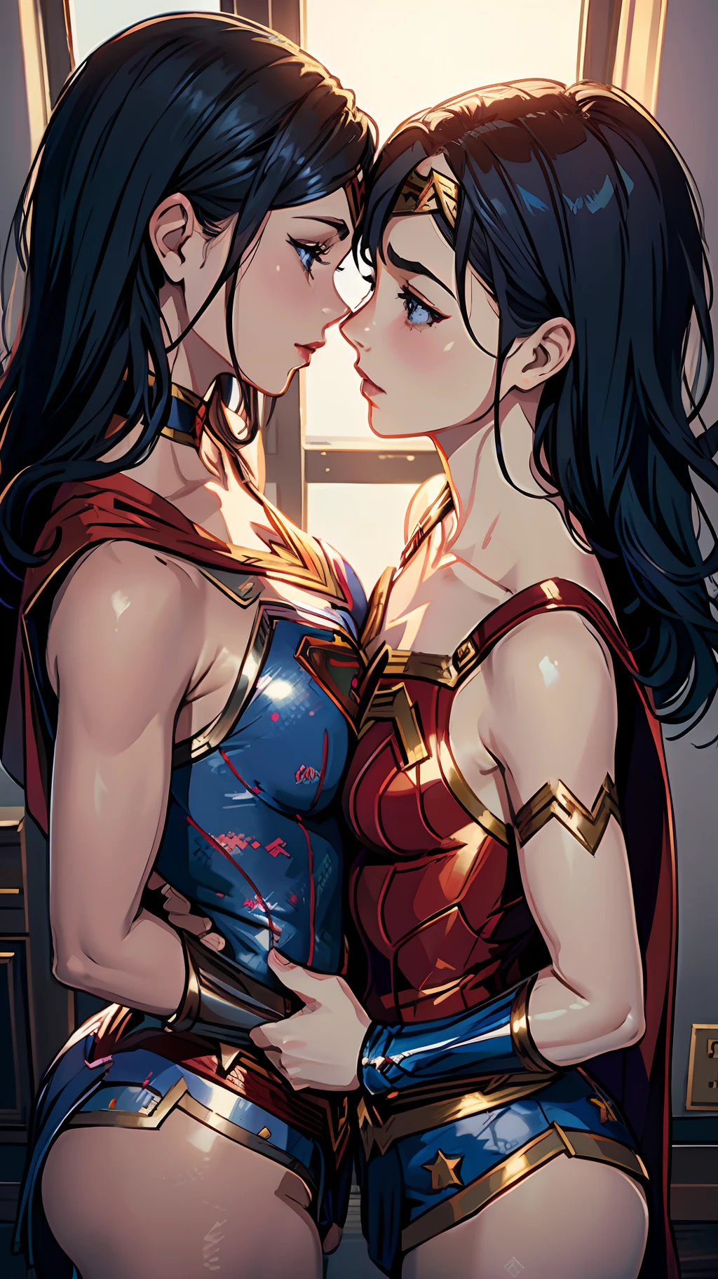 2 women kissing, cosplay, party, dressed as Wonder Woman and Supergirl, sensual, provocative, very erotic, yuri."