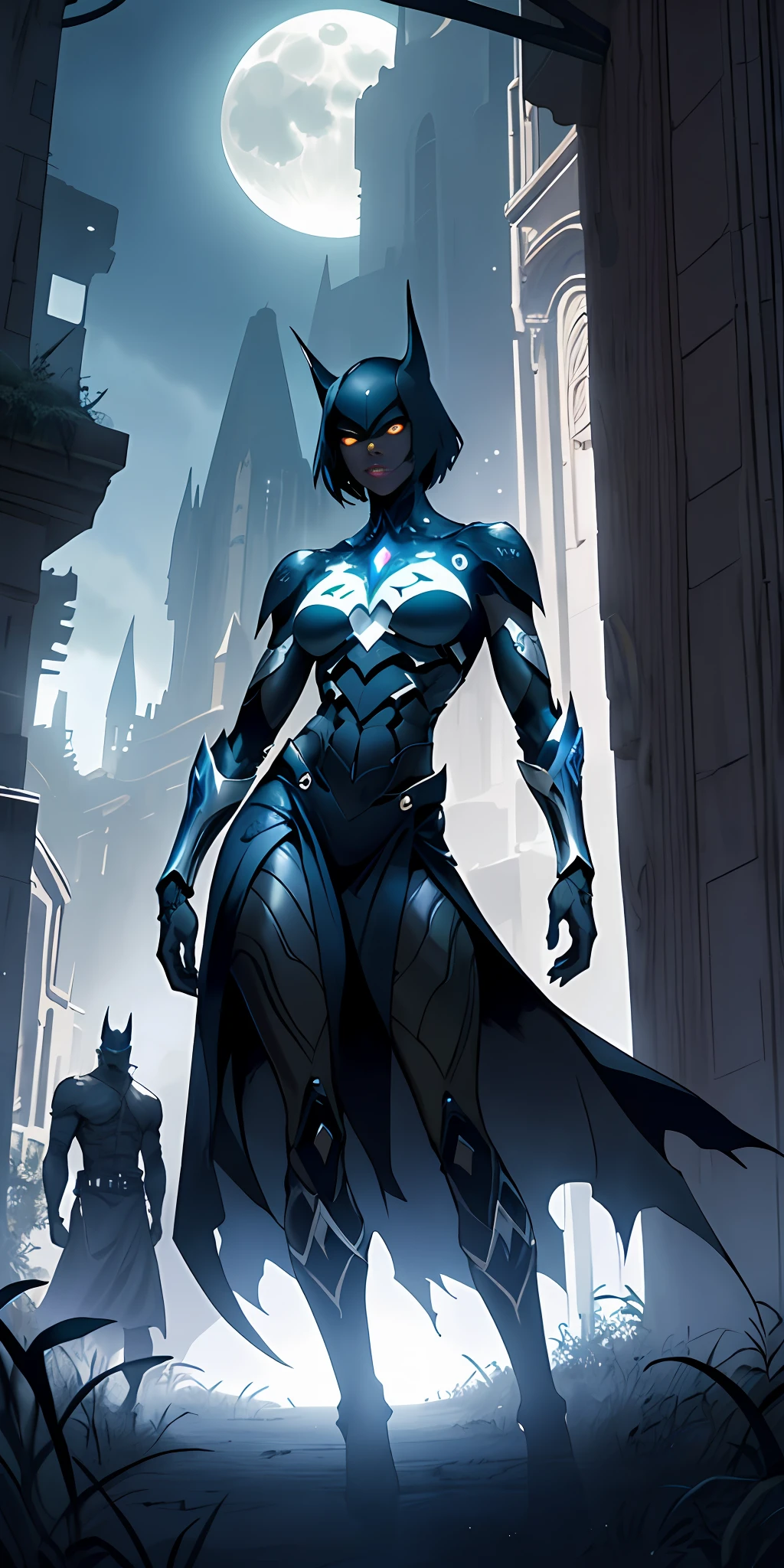 Drawing, (beautiful African girl), of the Dark Knight is imposing in a lost Gothic city. Moonlight highlights her slender body of large breasts, The scenery is lush and mysterious, with futuristic technology and surroundings. The camera details everything, a warrior woman, in front of him.