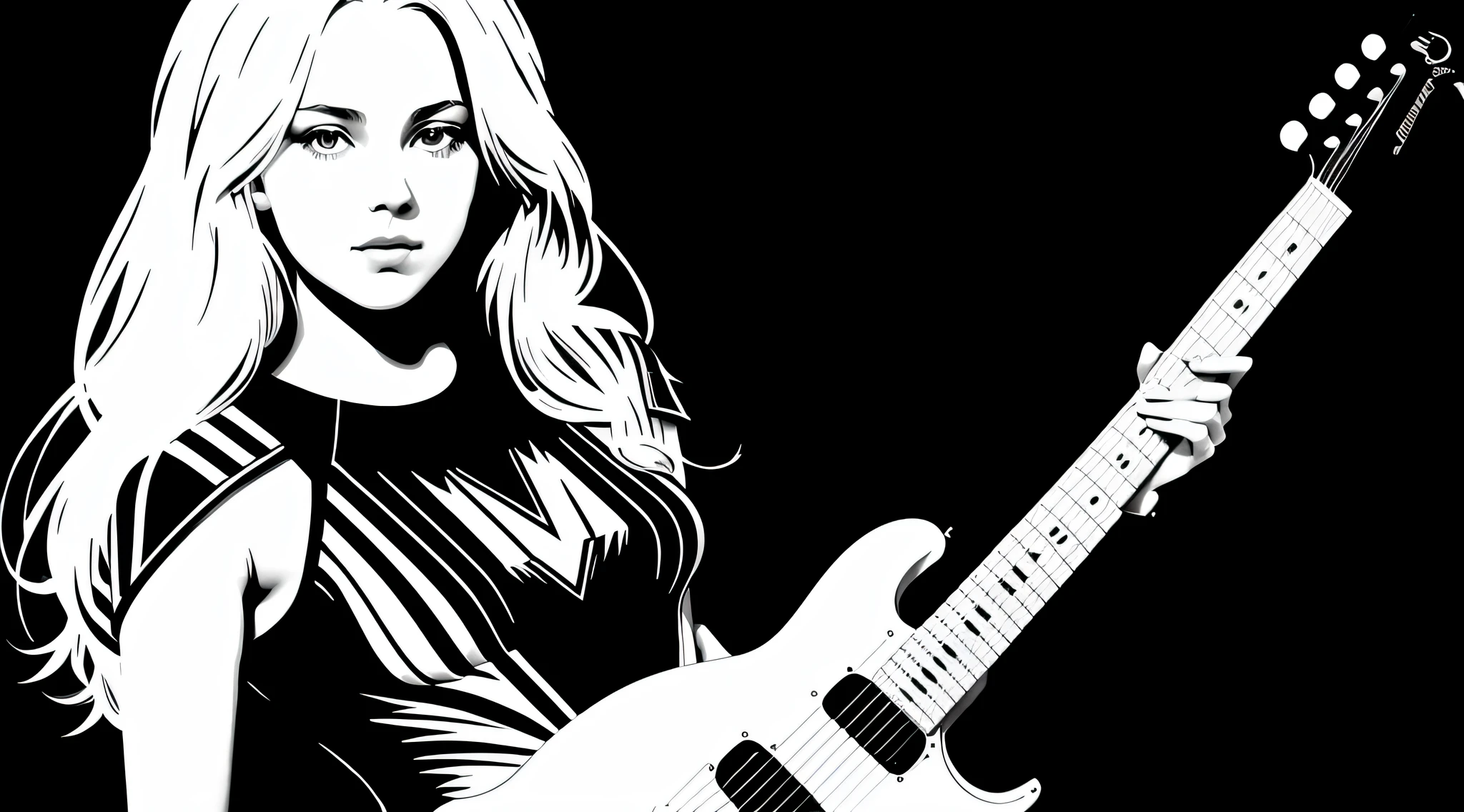 12 year old girl, long blonde hair, portrait, there is a guitar sitting in front of a black and white background, electric guitar, graphic musicality, concept piece, guitar concept art, guitar, by Jon Coffelt, white stripes all over the body, by Glen Angus, futuristic electric guitar, highly detailed composition, rock music, black and white vector art,  op art with big bold patterns
