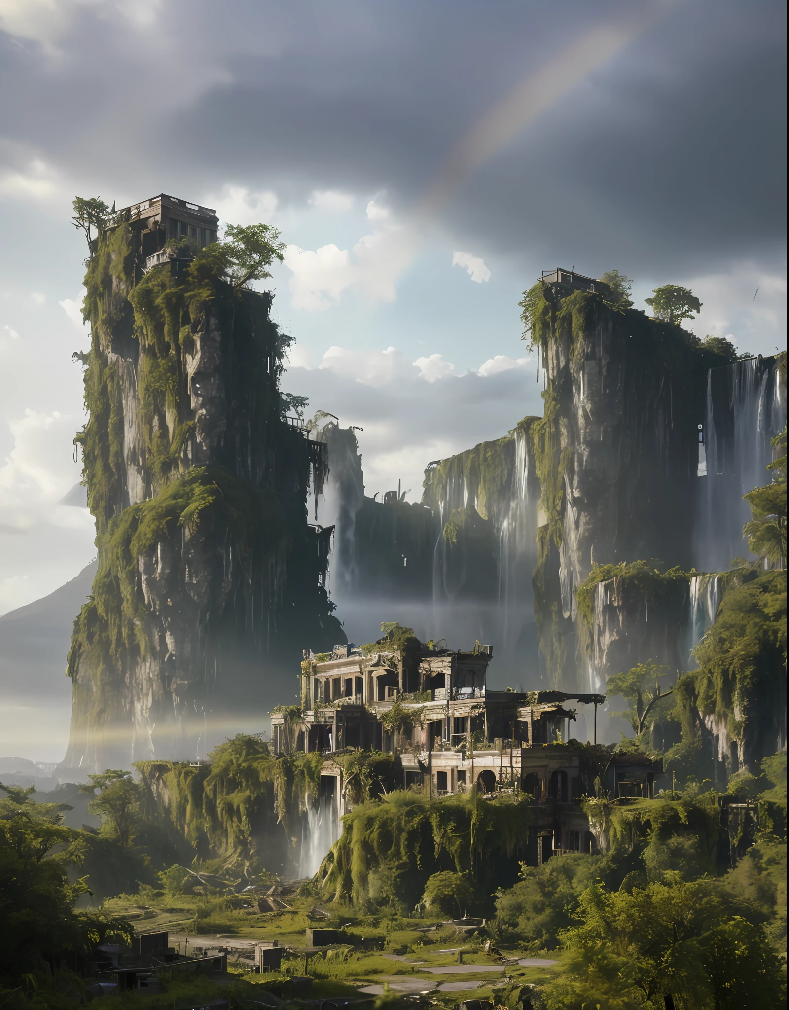 overgrown postapocalyptic ruins, birds in the sky, a rainbow, waterfall : : close shot : : 3 5 mm, realism, octane render, 8 k, exploration, cinematic, trending on artstation, realistic, 3 5 mm camera, unreal engine, hyper detailed, photo - realistic maximum detail, volumetric light, moody cinematic epic concept art, realistic matte painting, hyper photorealistic, concept art, volumetric light, cinematic epic, octane render, 8 k, corona render, movie concept art, octane render, 8 k, corona render, cinematic, trending on artstation, movie concept art, cinematic composition, ultra - detailed, realistic, hyper - realistic, volumetric lighting, 8 k