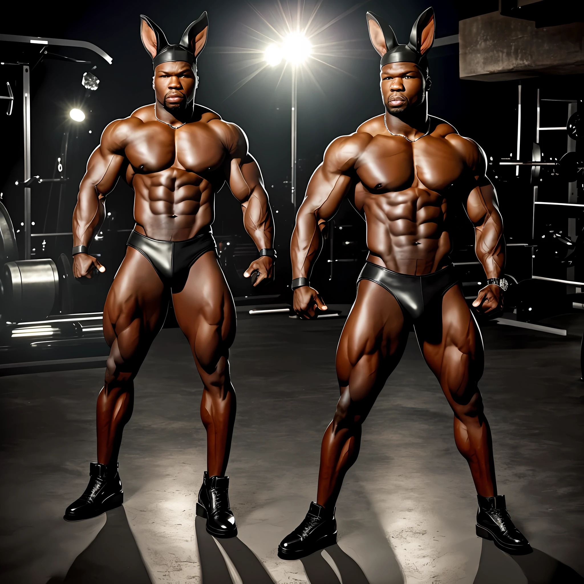 50 CENT,. The body is tall and strong, with clear muscular lines, revealing a sense of unparalleled strength, wearing Full Body Playboy Set, Playboy Bunny, Leather Bunny Costume, Ultrarealistic, 8k image, high image quality,