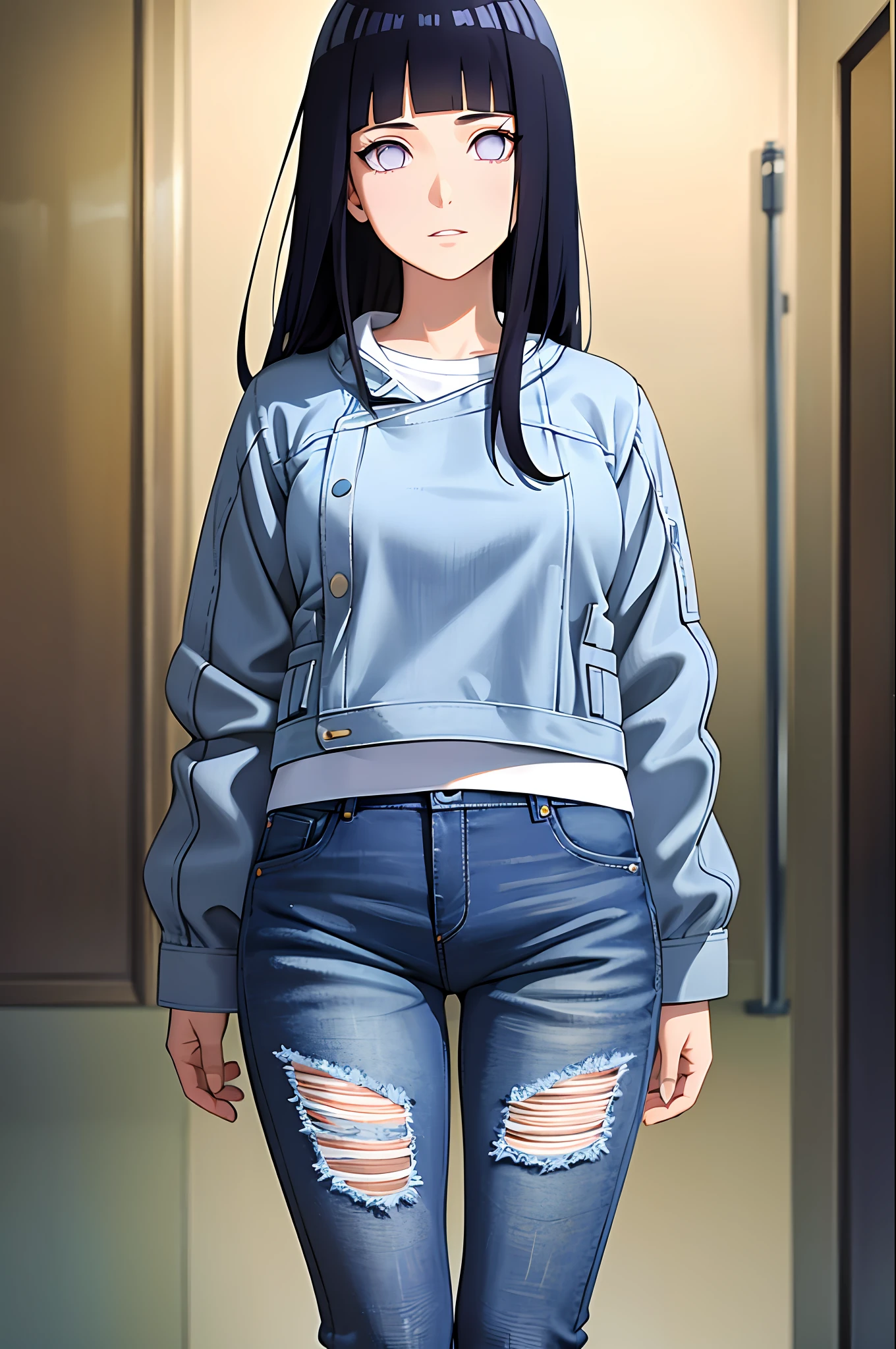 masterpiece, best quality, ((pure white background)), standing, (dark blue hair) ,cold face, full body, (((Denim jacket))), white T-shirt, casual pants, (((Fashionable clothing))), happy, light effect, soft, super clear, high-definition picture, (front), purple eyes, blunt bangs, hinata/(boruto/), long hair, medium breast