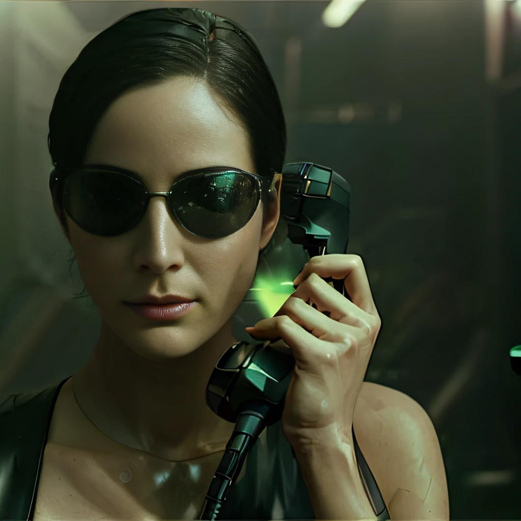 trinity00 wearing sunglasses , retrofuturism, cyberpunk, silky skin, full body height, skin texture, high detailed skin, ambient smoke, haze, photorealism, cinematic, grain of old film, 8k uhd, dslr, hdr, retro color