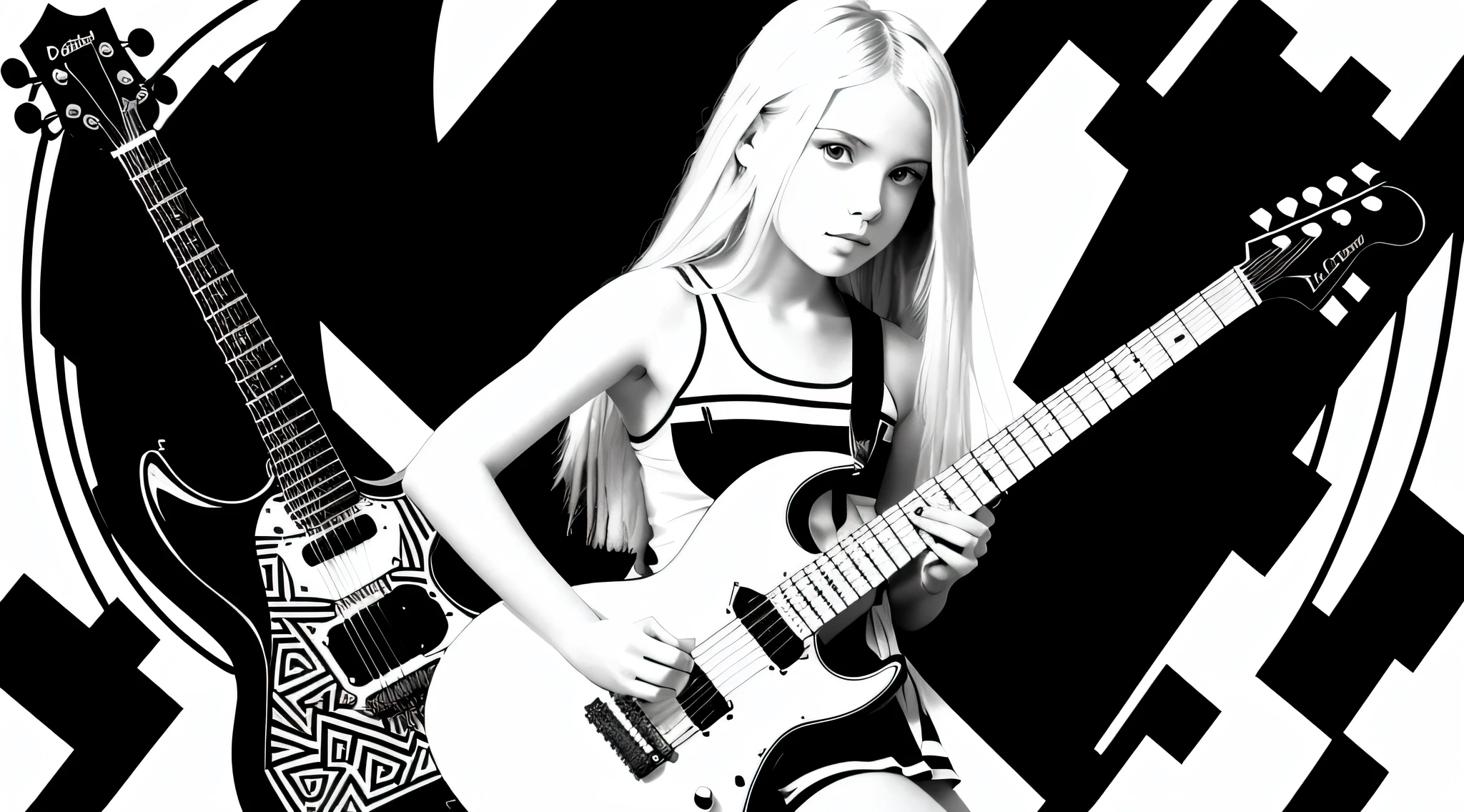 12 year old girl, long blonde hair, portrait, there is a guitar sitting in front of a black and white background, electric guitar, graphic musicality, concept piece, guitar concept art, guitar, by Jon Coffelt, white stripes all over the body, by Glen Angus, futuristic electric guitar, highly detailed composition, rock music, black and white vector art, op art with big bold patterns