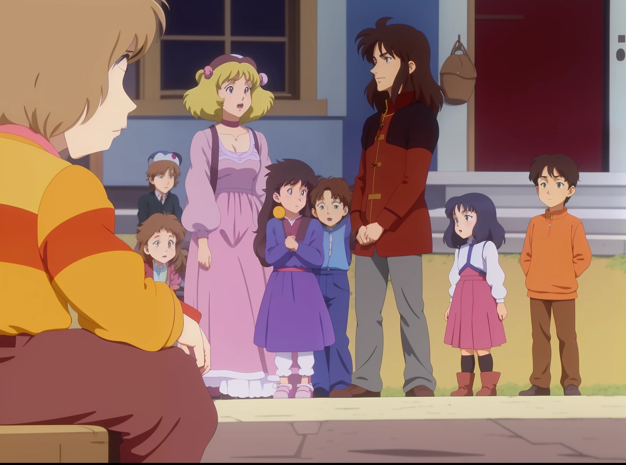 cartoon of a man sitting on a bench with a group of children, 1 9 8 0 s children's show, children's cartoon, ghibli anime style, madhouse anime style, ghibli anime style style, 1980s cartoon, boromir in an 80's anime world, photo", 90s cartoon, high quality.
