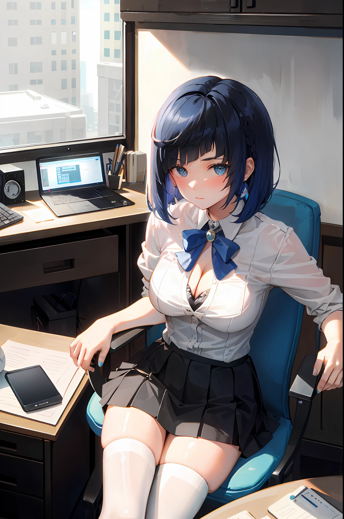 YELAN, 1girl, solo, ((white shirt)), black thighhighs, breasts, cleavage, uniform, office background, black skirt, pleated skirt, office, hair between eyes, large breasts, short hair, looking at viewer, BLUE HAIR, blue short nails, blue eyes, solo, thighhighs, thighs, very long hair, ((masterpiece)), sitting, chair, desk, computer on desk, name tag, id tag, indoor, blush, sexy pose,