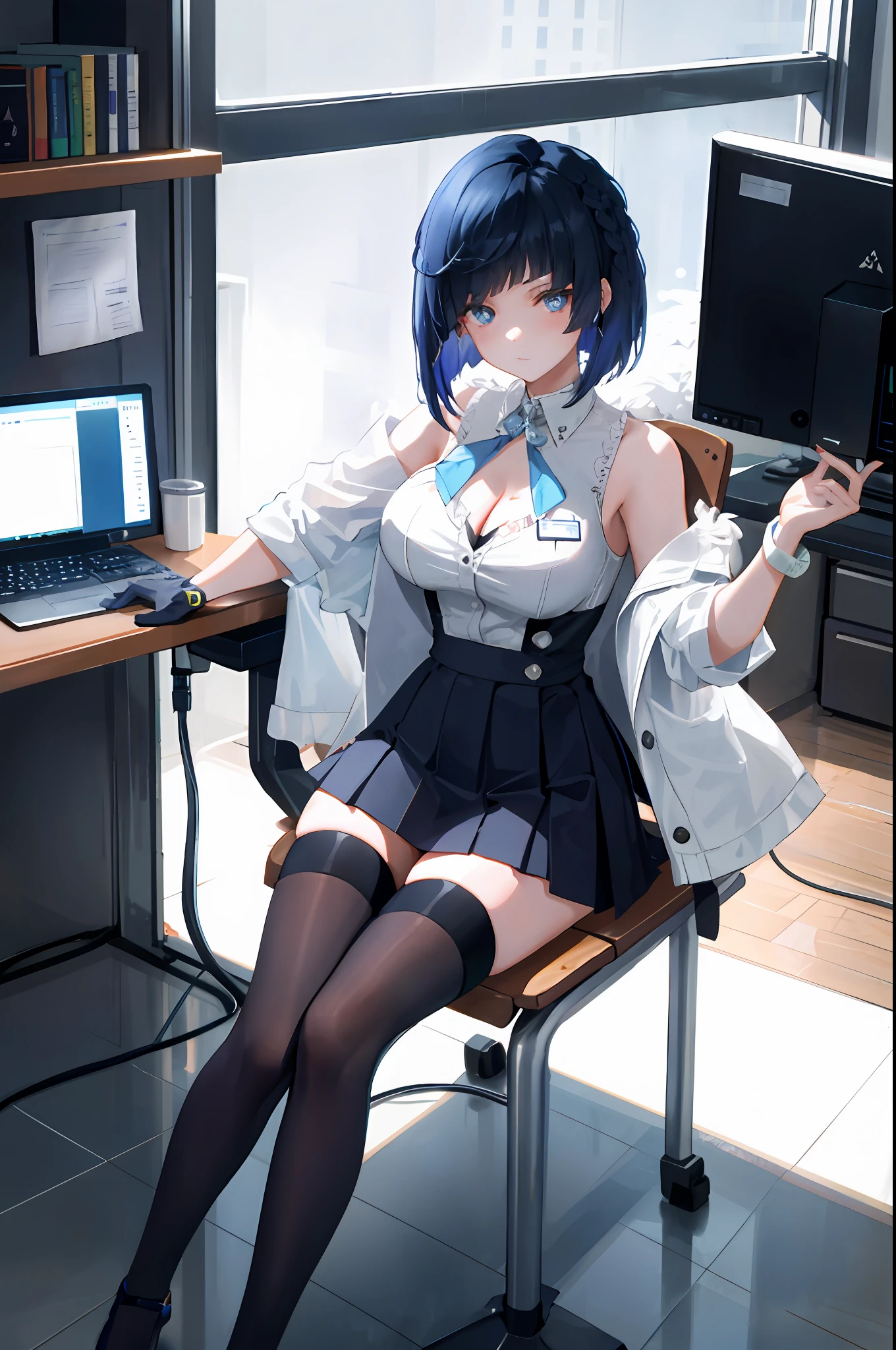 YELAN, 1girl, solo, ((white shirt)), black thighhighs, breasts, cleavage, uniform, office background, black skirt, pleated skirt, office, hair between eyes, large breasts, short hair, looking at viewer, BLUE HAIR, blue short nails, blue eyes, solo, thighhighs, thighs, very long hair, ((masterpiece)), sitting, chair, desk, computer on desk, name tag, id tag, indoor, blush, sexy pose,