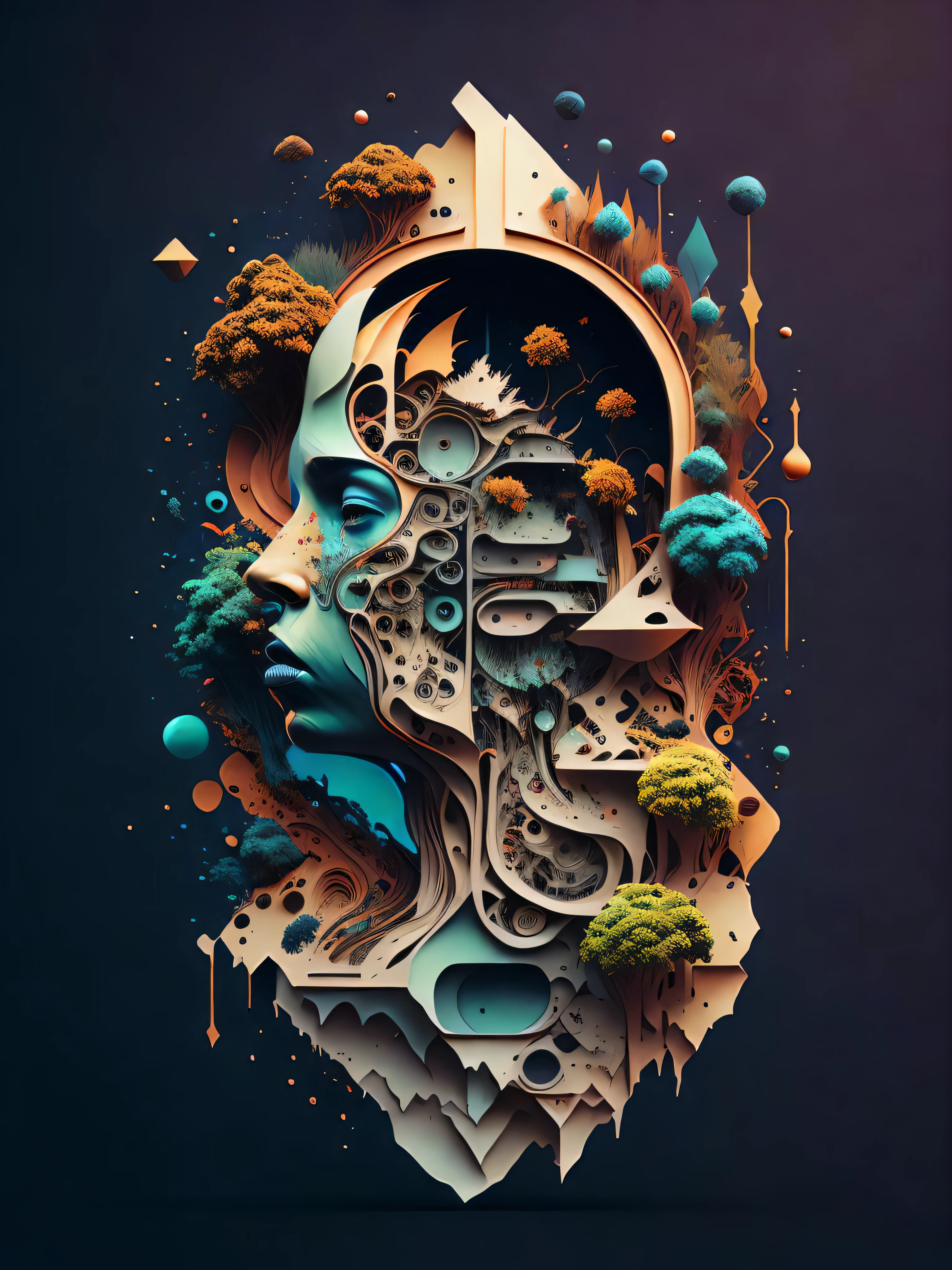 a stylized image of a person's head with a lot of different things in it