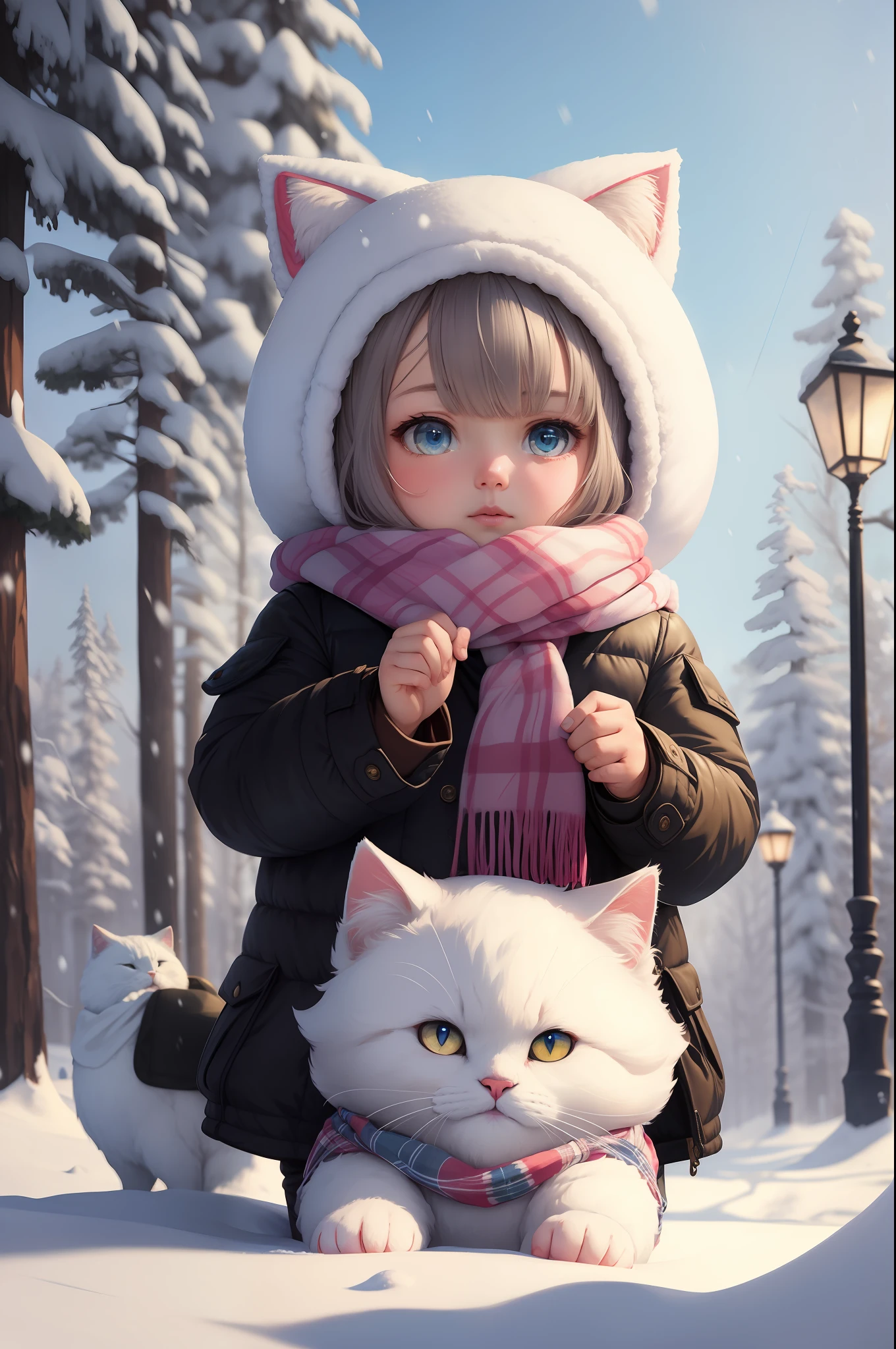 Style-NebMagic, Portrait of a fluffy, round baby cat with a scarf made of Style-SylvaMagic in the snow, by Ismail Inceoglu, Gazelli, James Jean, Anton Fadeev and Yoshitaka Amano, insanely detailed, 8k resolution, digital art, trends in season of arts, vibrant colors, chibi style, a masterpiece, adorable and friendly