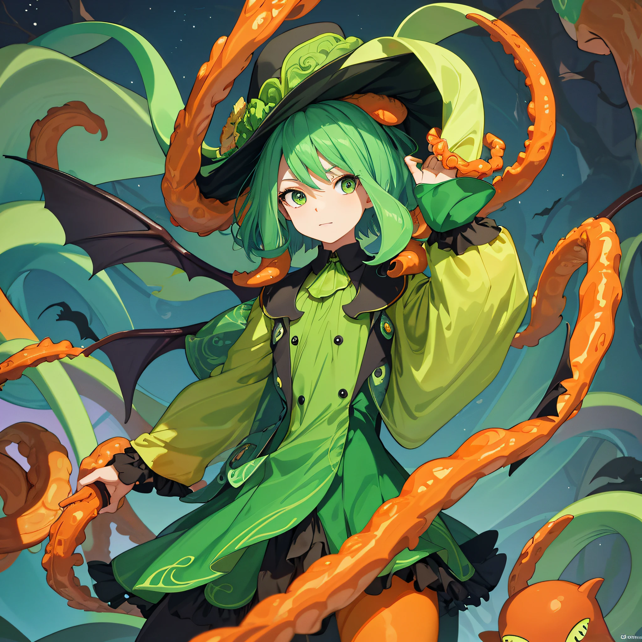 cephalopod, (cephalopod), bright green tentacles, bright orange tentacles, black fancy hair, big green eyes, orange bat wings, green dancing clothes, green billowy sleeves, green fancy hat, masterpiece, Best Quality