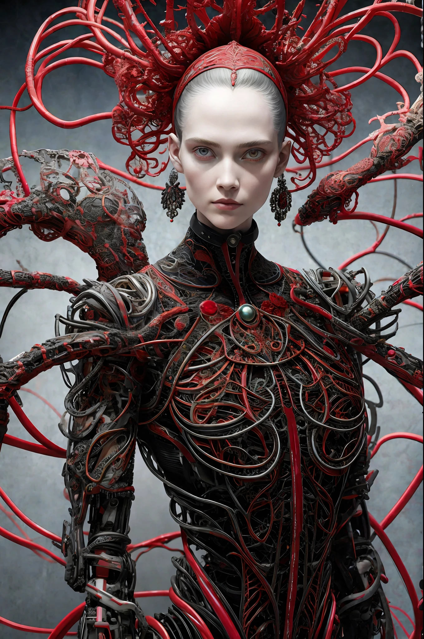 The stunning death angel’s intricate body poses are accentuated by a biomechanical cyborg aesthetic captured with an analog 150mm lens, enhanced by a soft natural rim light and neon veins. The roots and fine foliage lace adds to the beautiful detail, complementing the colorful intricacies of the Boris Bidjan Saberi outfit, pearl earrings, and art nouveau fashion embroidery. Mesh wires and mandelbrot fractals intertwine with facial muscles, cable wires, and microchips, creating a badass hyper-realistic visual. The ultra-detailed render is brought to life with volumetric lighting and an 8k post-production, showcasing the red and white hues with a touch of black. Detailed metallic bones and iridescent colors add a Glenn Brown-style to the semi-human appearance, set in a futuristic room, embodying the power of the gods with a high-angle shot. The complex 3D render is ultra-detailed, making it a masterpiece in its own right.