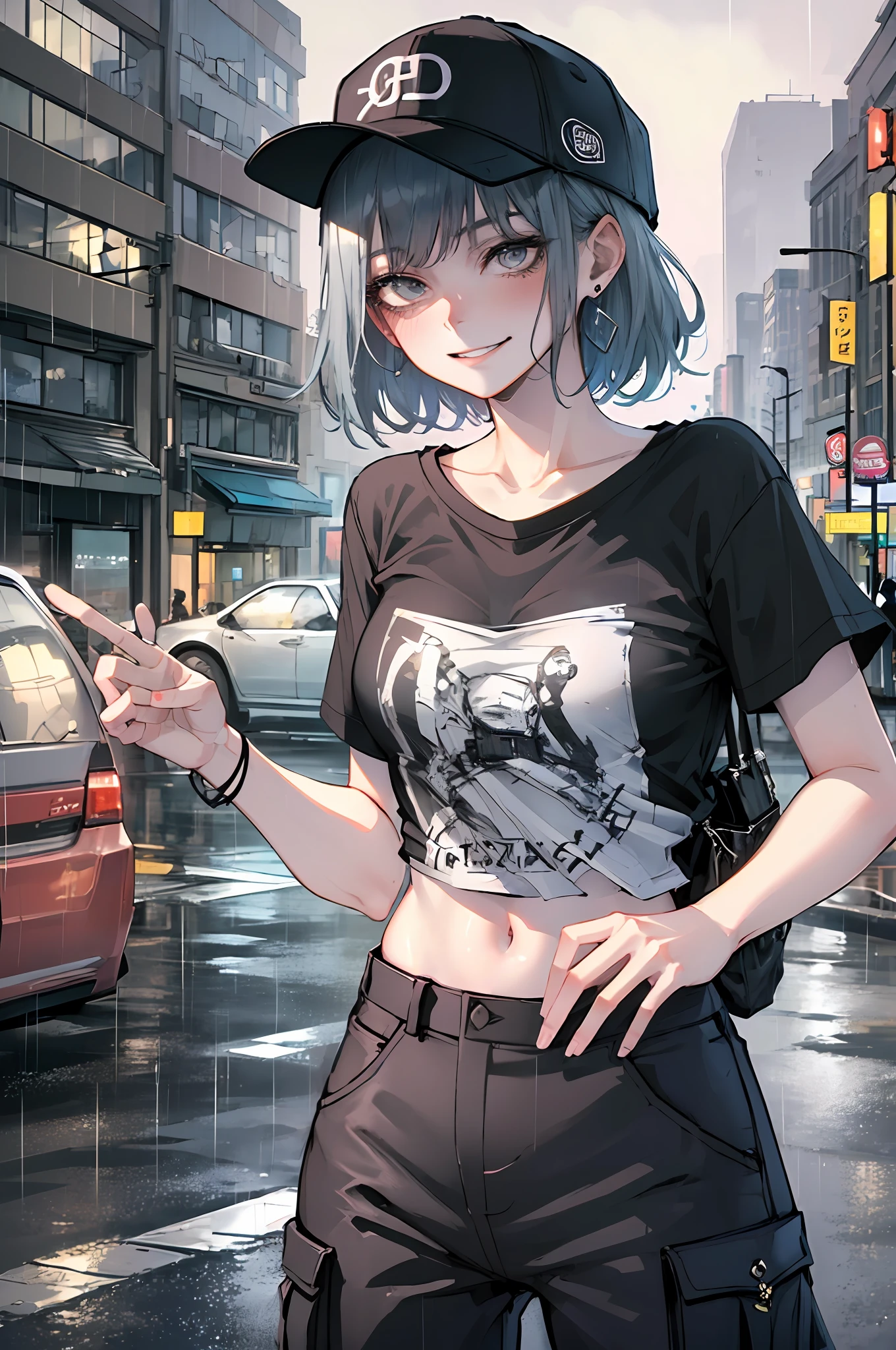 ultra resolution,
(photorealistic:1.3),
(1 slim girl), stylish girl, fashion,
young face, blush, (evil smile),
(slim) thigh,
baseball cap, earrings,
(black T-shirt), (baggy cargo pants),
gravure,
rainy city street