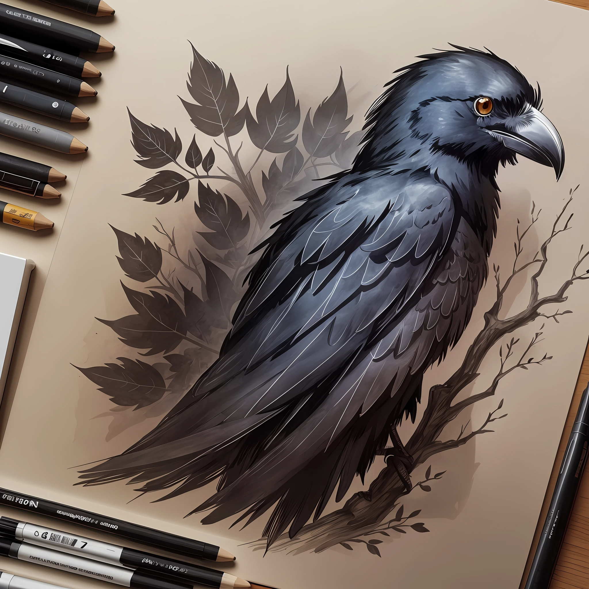 Raven 2d, sketch style black drawing, tree with brown dry leaves, fine lines. --auto --s2