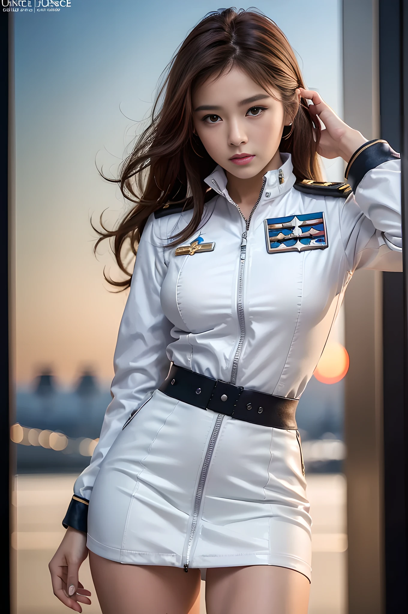 (Best quality, 8k, 32k, Masterpiece, UHD:1.2), (realistic:1.5), (masterpiece, Extremely detailed CG unity 8k wallpaper, best quality, highres:1.2), (ultra detailed, UHD:1.2), Photo of extremely cute and beautiful Japanese woman, (chestnut long wavy hair:1.2), adult, (detailed beautiful girl:1.4), best quality, woman, adult, (detailed US air-force pilot uniform:1.5), (white pilot captain jacket:1.3), (black high-waist pencil skirt:1.3), (Beautiful sunset US air force base runway view background:1.2), embarrassed laughing:1, looking at viewer, facing the viewer, ((perfect female body)), (narrow waist:1.2), (upper body image:1.3), slender, abs, (large breasted:1.25), frame the head, wind, dynamic pose, cinematic light, back light, detailed clothes, perfect anatomy, perfect proportion, detailed human body, stylish model pose,