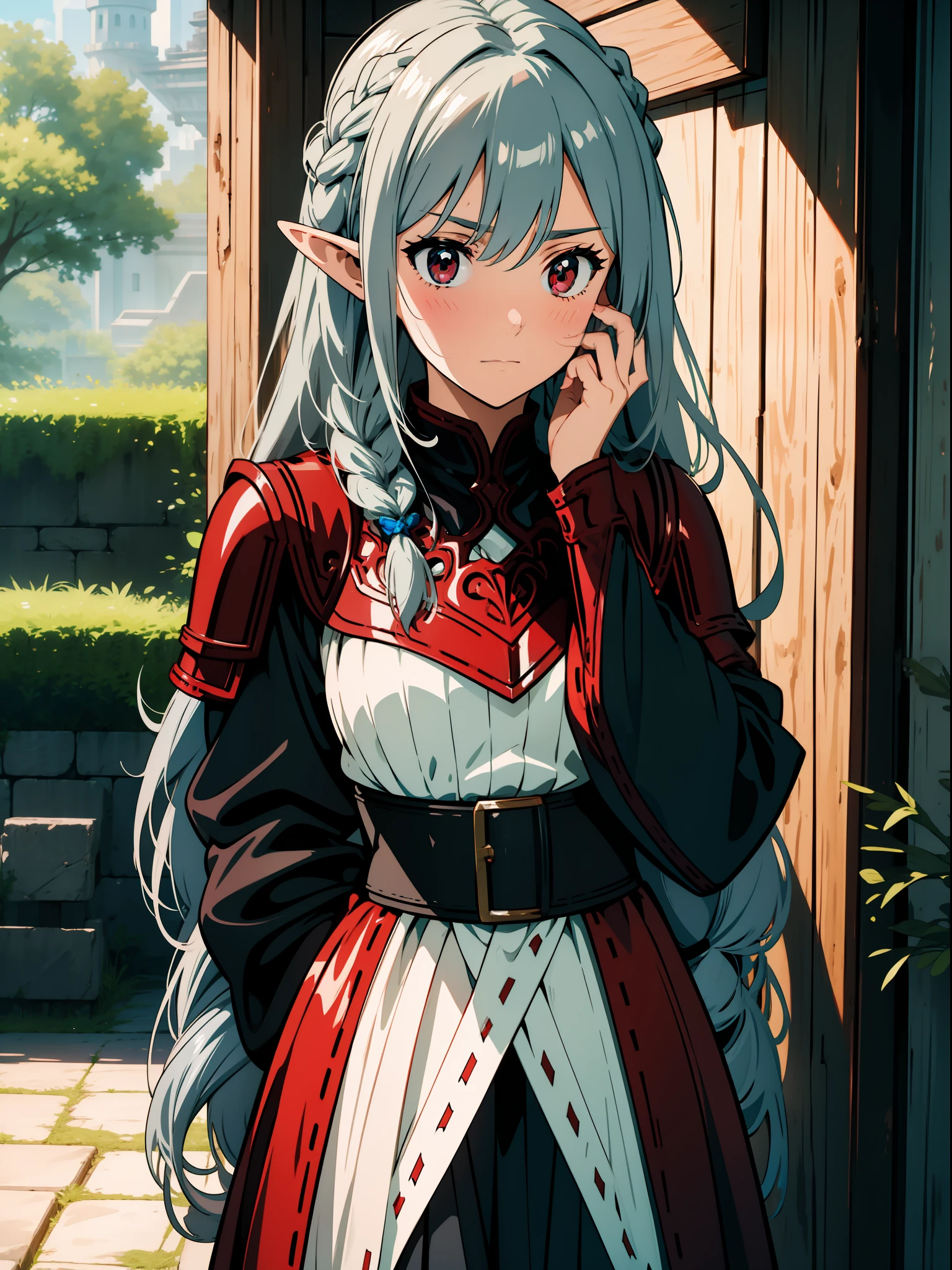 Close up portrait of one girl, elf, silver hair, red eyes, braid, leather armor, adventurer style, putting both hands on her face, embarrassed, blush, concept art, beautiful anime scene, best quality, 4K
