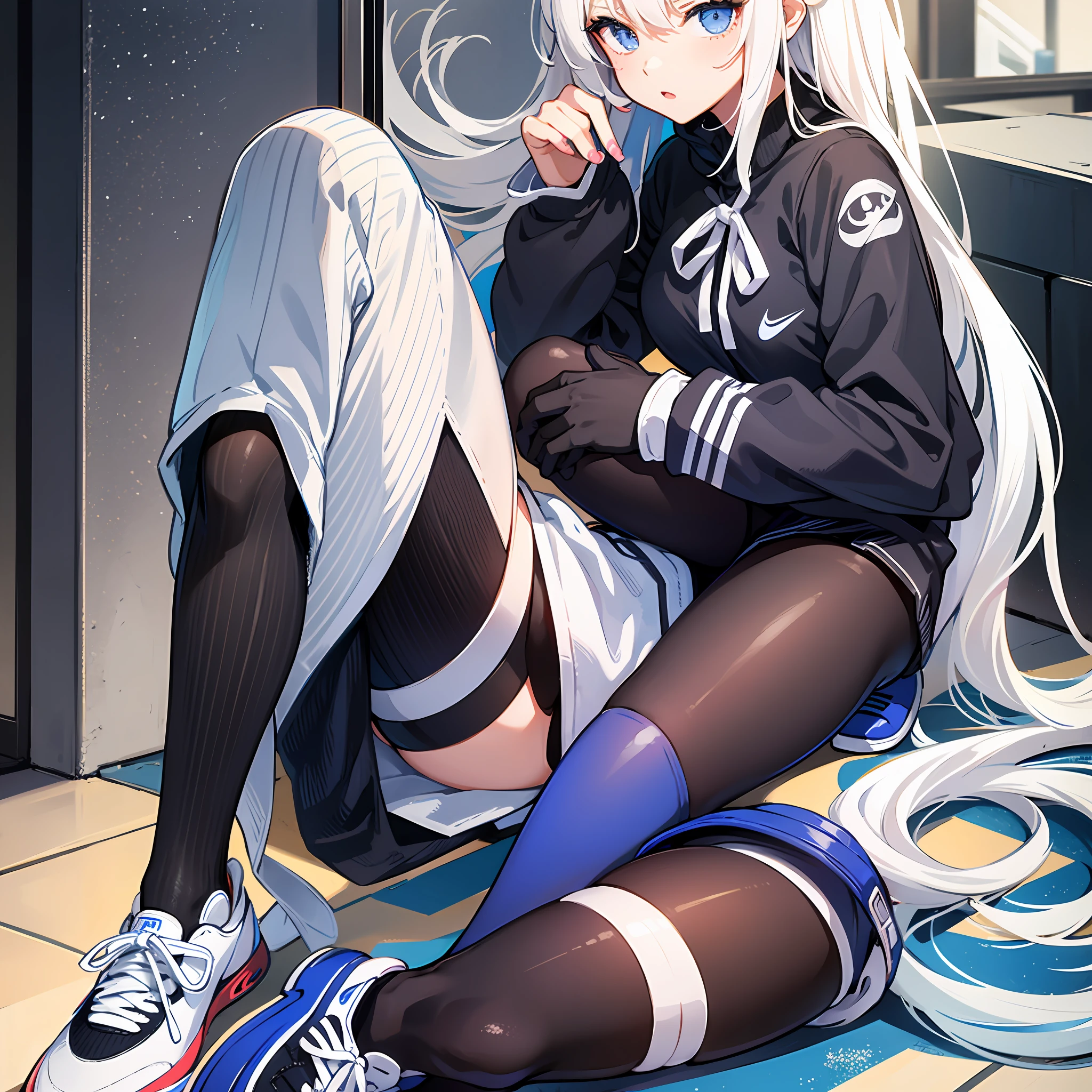 Young girl, in high school uniform, pantyhose going up to her thighs, nike air max and white hair --auto --s2