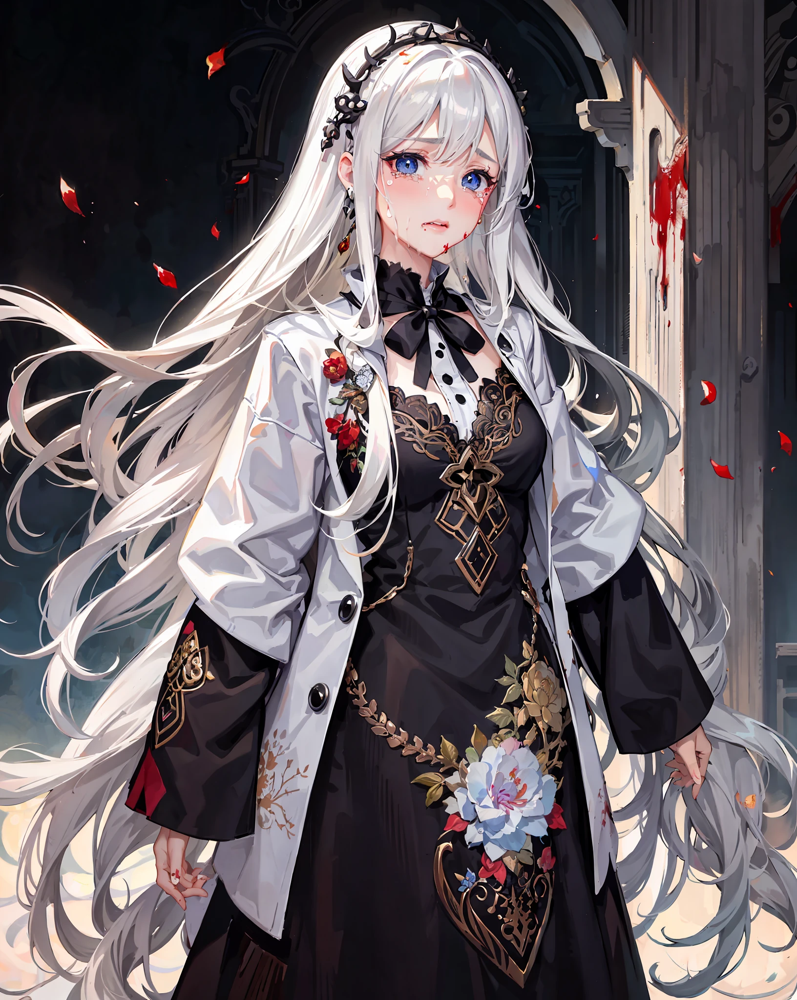 arafed woman with long blonde hair and a flowered shirt, ross tran style, in the style of ross tran, inspired by Ross Tran, loish and ross tran, ross tran!!!, ross tran 8 k, girl with white hair, her hair is white, white curly hair, ross tran and studio ghibli, by Ross Tran, perfect white haired girl , standing in the middle of the street, night, (masterpiece, finely detailed beautiful eyes: 1.2), (beautiful detailed face), (blood on face:1.2), (crying blood tears:1.5),, (realistic:1.1), cinematic light,