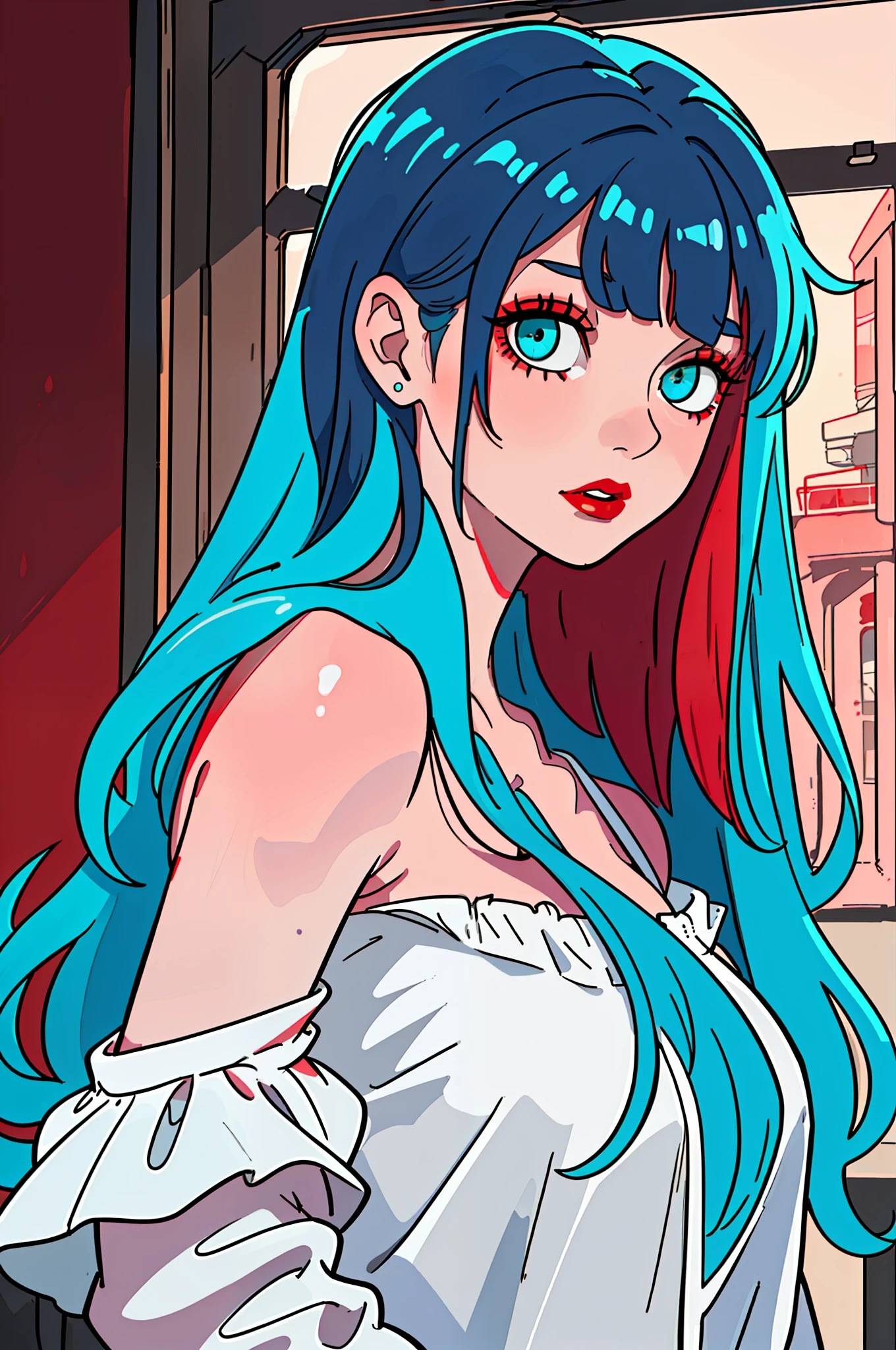 (Best image quality, high quality, 8K) + (strawberry jam | red lipstick) + turquoise long shiny hair + slanted bangs + loose white shirt + dark makeup + messy hair + decadent beauty + beautiful dark circles + charming eyes, half squinted + bare shoulders)