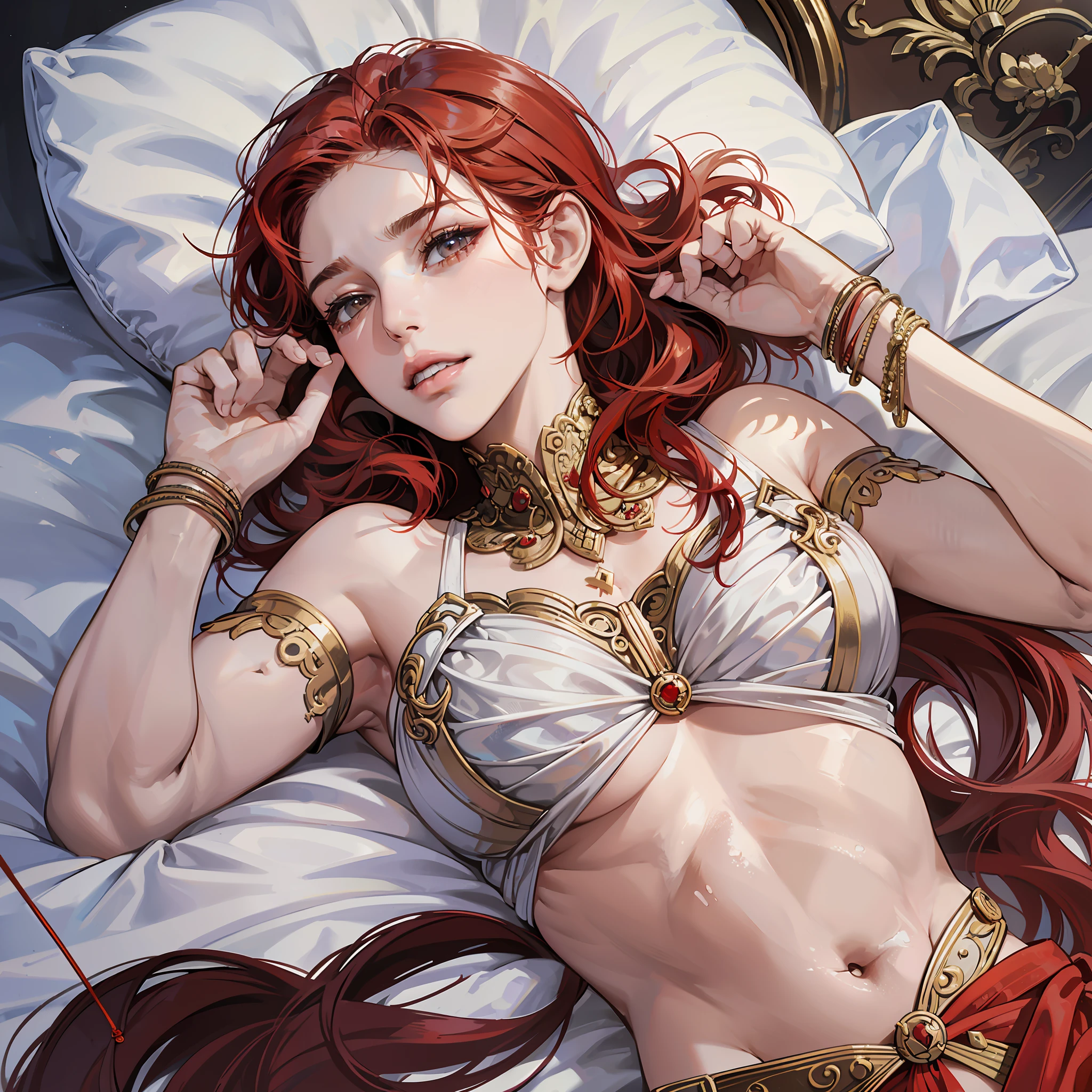 Roman woman, ((ultra realistic)), (realistic: 1.4), 21 years old, ancient Rome, detailed body ((realistic)), sensual body, short langeri, perfect waist, straight hair, red hair, ((langerite dental floss)) , ((langeria short red )), lies in bed. --auto --s2