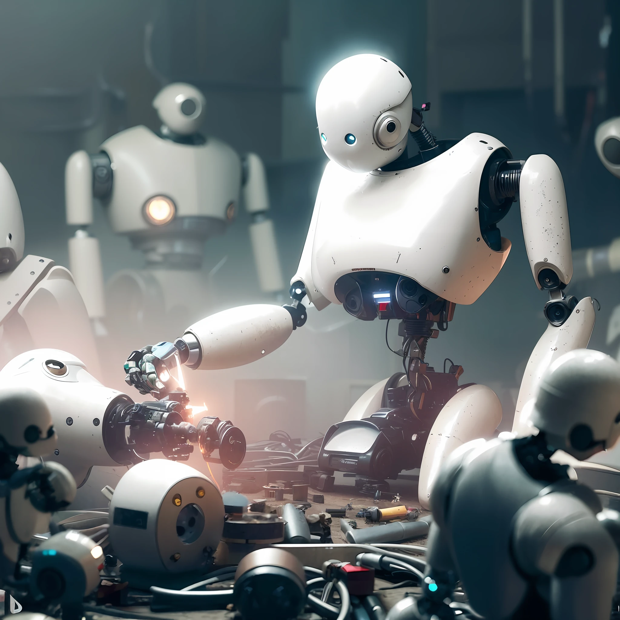 robots are standing around a pile of assorted objects in a room, robot repair workshop, scifi robot repair workshop, robot factory, cyborgs working, army of robots, destroyed robots, a still life of a robot, small robots, humanoid robots, robot in construction, industrial robots, robots, futuristic robots, strong artificial intelligence, endless collaboration with ai, robotic machines