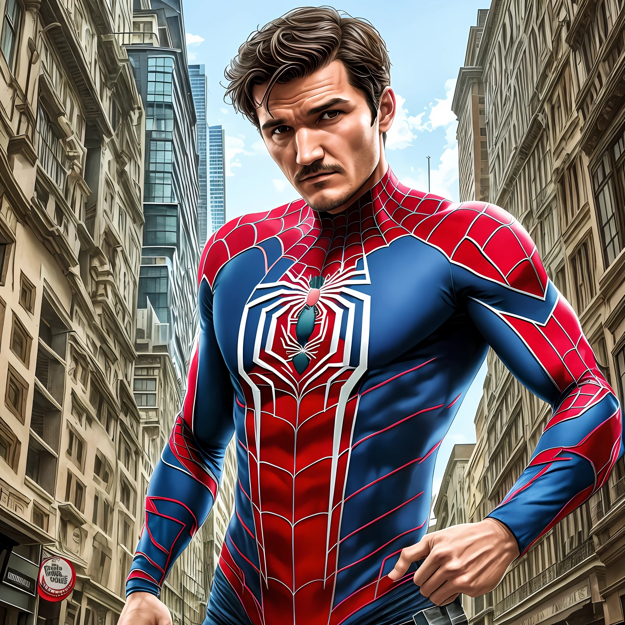 Pedro Pascal face and Spider-Man body, Realism --auto --s2