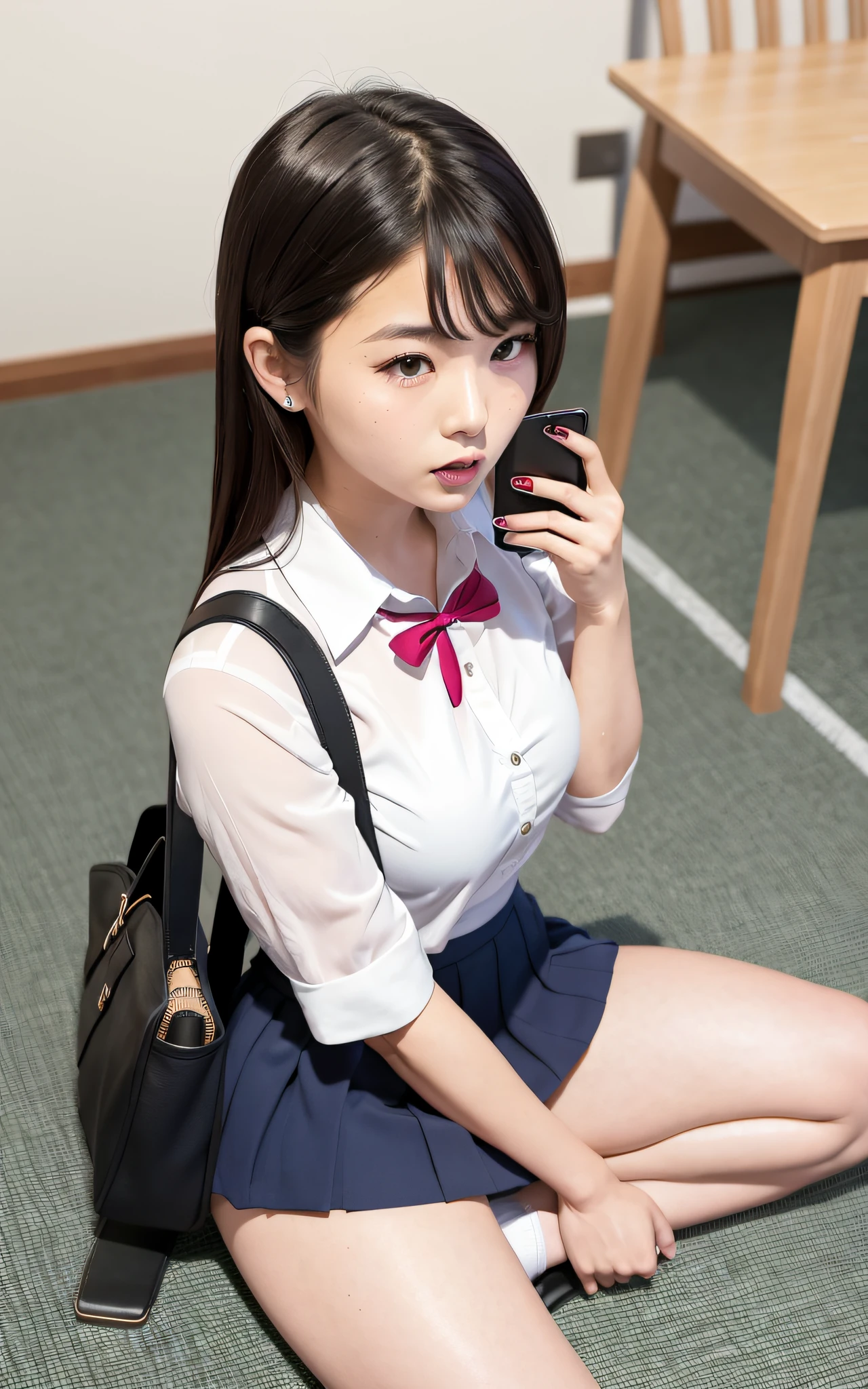 woman sitting on the floor talking on a cell phone while holding a bag, sakimichan, japanese model, seifuku, japanese, thighhighs and skirt, korean girl, young sensual gravure idol, wearing headmistress uniform, japanese school uniform, korean woman, wearing japanese school uniform, girl wearing uniform, wearing skirt, korean, young pretty gravure idol