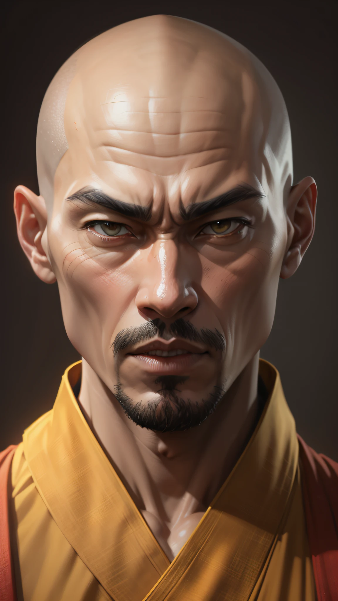 a close up of a man with a bald head and a yellow robe, inspired by Wu Bin, 8k highly detailed face, no numbers, in the style of sifu 🔥 😎 🕹️ 👀 :2, as a character in tekken, 2 1 st century monk, goku as an asian man, accurate ultra realistic faces, character from mortal kombat --auto --s2
