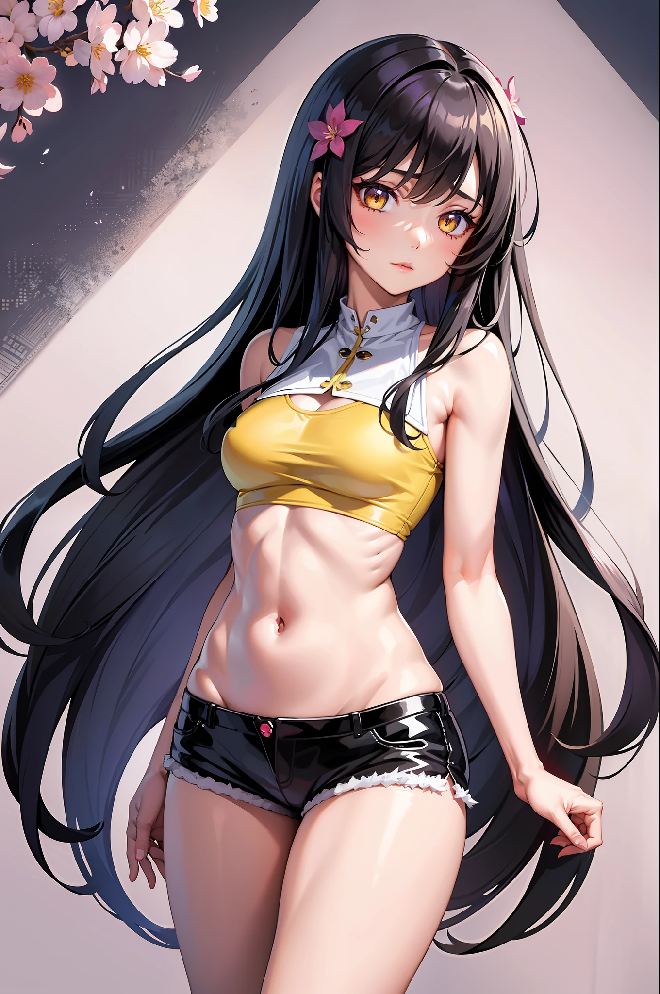 masterpiece, 1girl, long hair, black hair, upper body, portrait, yellow eyes, vertical pupil, purple top, navel, short shorts, thick hips, erotica, cherry blossom background