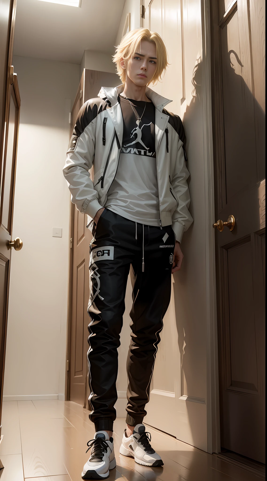 (a masterpiece), the best quality, ultra-detailed, unity 8k CG wallpaper of extreme precision, the best lighting and shadow, man of (short blonde hair), (oriental face) (has a blonde lock in his hair) (tall and strong), (beautiful and clean face), dark eyes, standing alone in the doorway, (white jacket) - (black street pants) - (jordan sneakers) propped up on a wall. --auto --s2