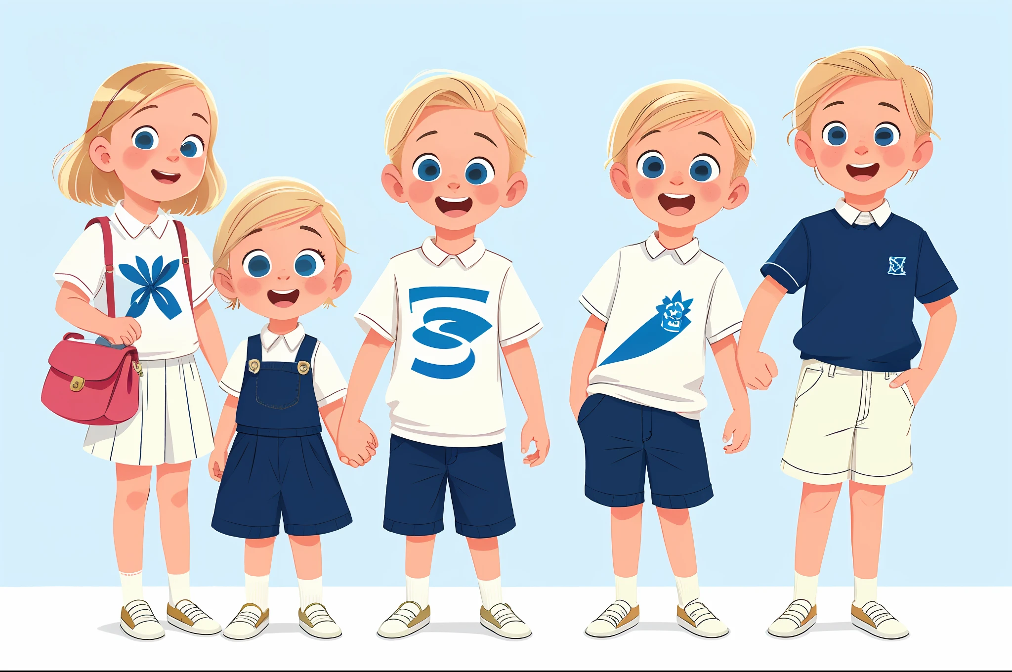 Two white children, blonde hair, boy and girl, extremely beautiful and detailed, blue eyes, white background, high school clothes