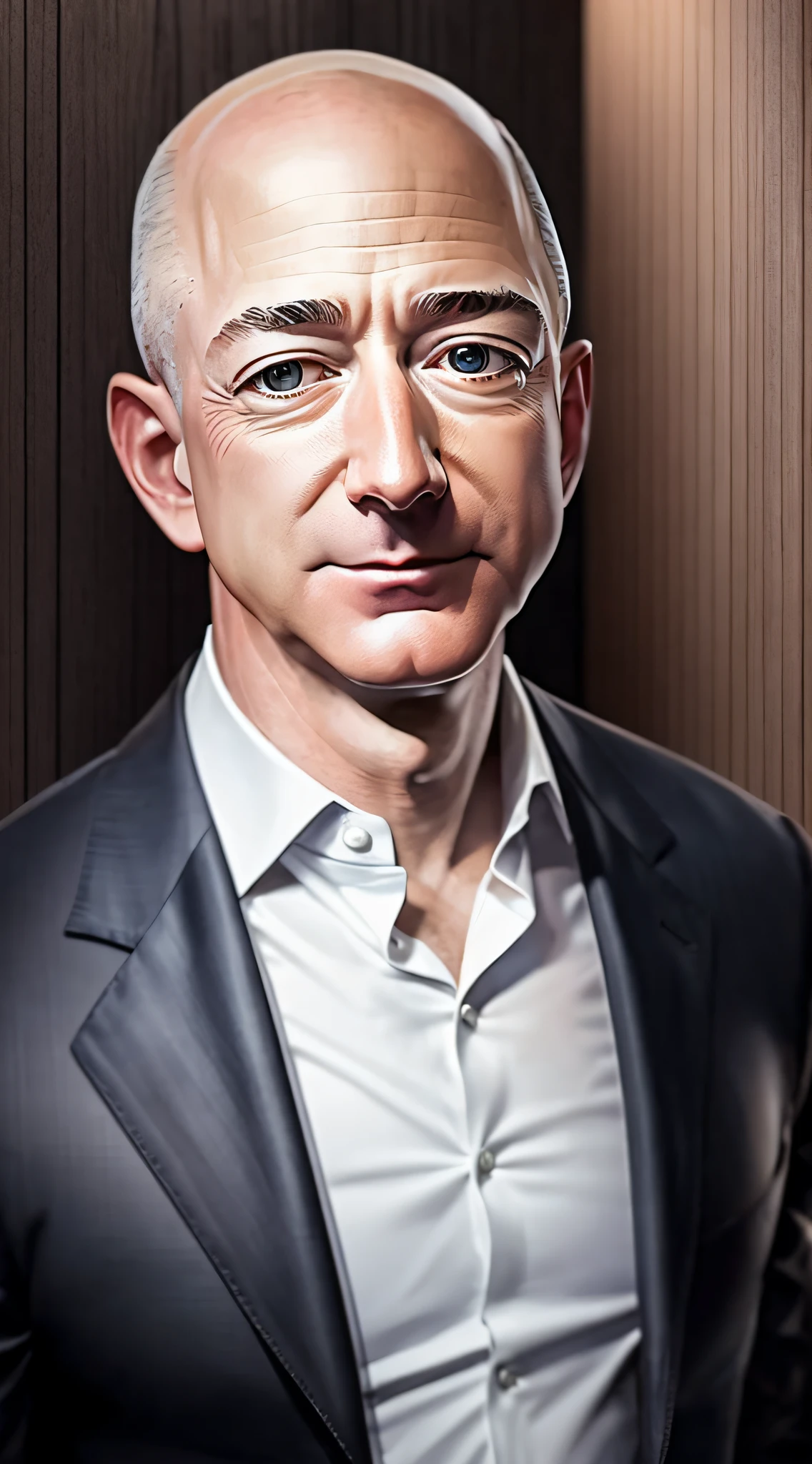 generate an image of Jeff Bezos in a black suit looking at the camera with background behind him being a wooden wall --auto --s2