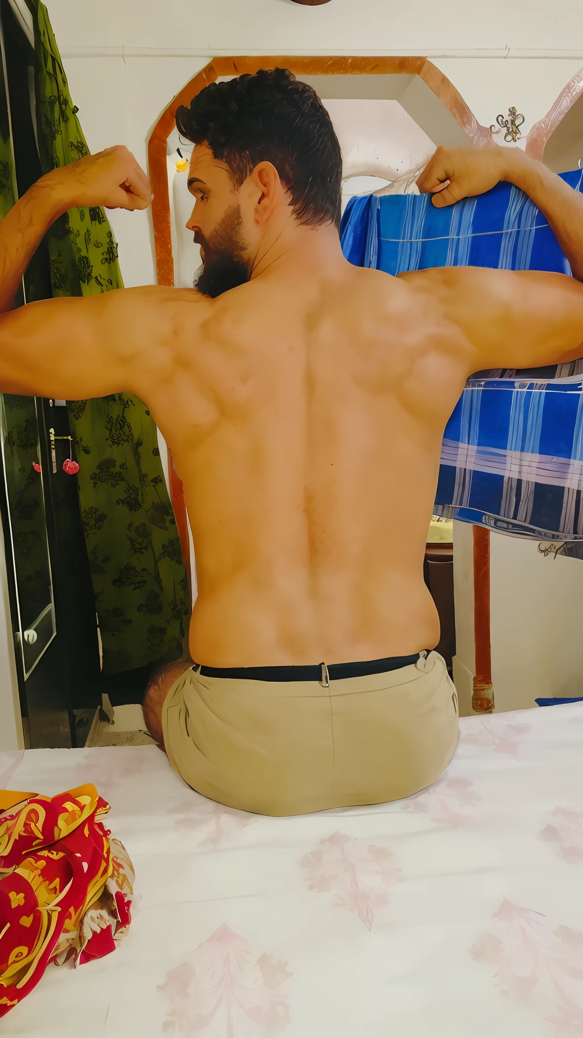 masterpiece, detailed, intricate, epic fantasy, colorful, full body, back muscles,slight angle, male, , hulking, muscular, ankle wraps, very hairy chest, revealing skimpy outfit, receding hairline, smirk, mercenary, blades, great ancient city gates, pointing away, depth of field, particle effects, high quality shadows