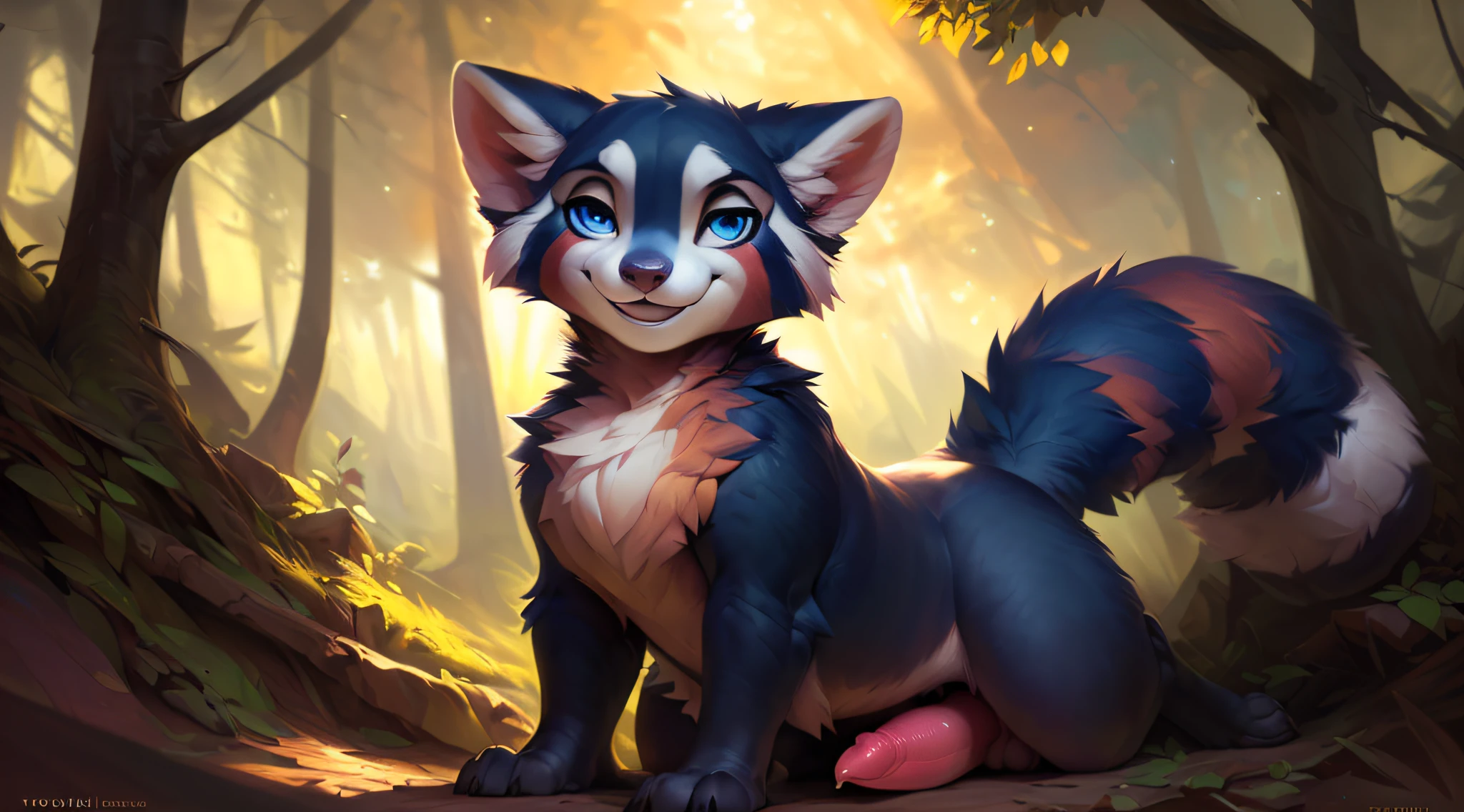 uploaded the e621, by Pixelsketcher, by Bayard Wu, by Thomas Benjamin Kennington , by Einshelm, solo (((wild))), red panda ((taur)) with (fluffy tail) and ((light navy blue eyes)), male, ((only)) male, ((male only)), (bulky chest)), ((fluffy neck)), ((portrait)), (detailed Bonifasko lighting), (detailed skin), (cinematic lighting), (detailed background)), [twilight ray], [detailed ambient light], [ambient light on belly],  (greater wildlife detail of wildlife), [explicit content], [sharp focus], (questionable content), front view, sitting, artistic genitalia, (shading), fluffy tail, relaxed tail, fluffy tail, ((masterpiece)), (detailed skin), ((detailed skin), ((seductive smile)), dynamic pose, (((seductive pose)), erect member, erect, erect, large and thick size